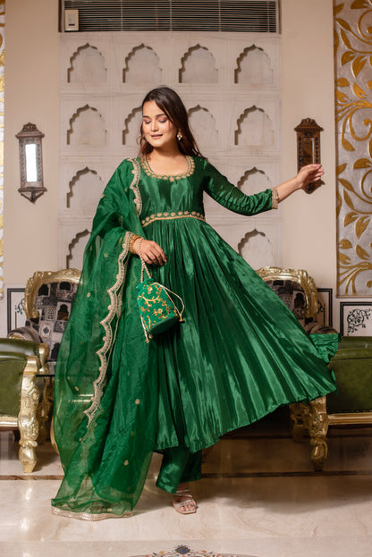 Forest Green Chinon Handwork Anarkali Suit Set