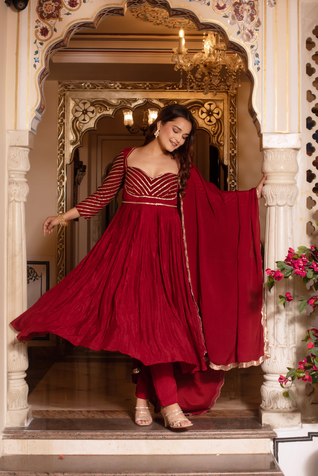 Maroon Sequined Chinon Anarkali Suit Set