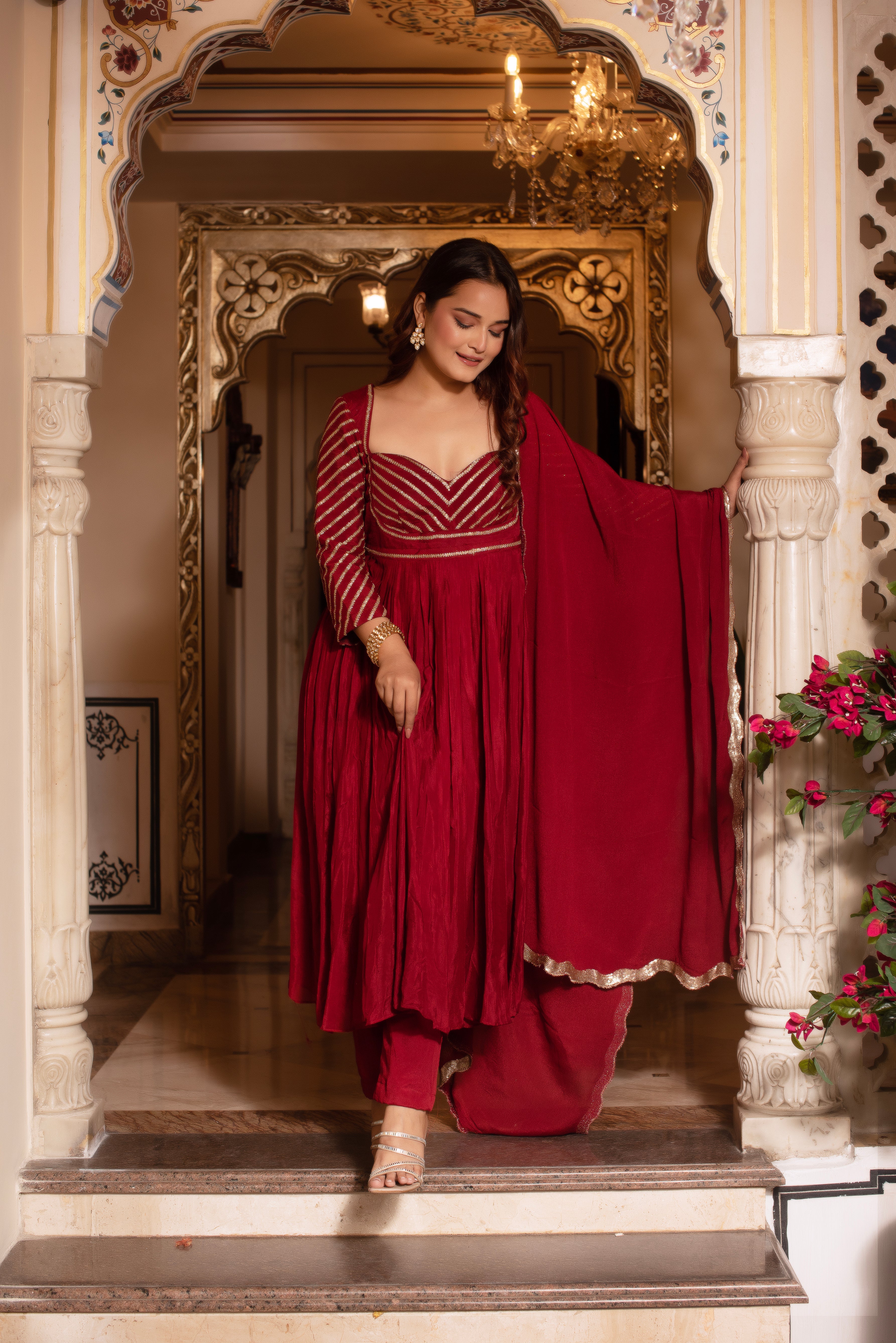 Maroon Sequined Chinon Anarkali Suit Set