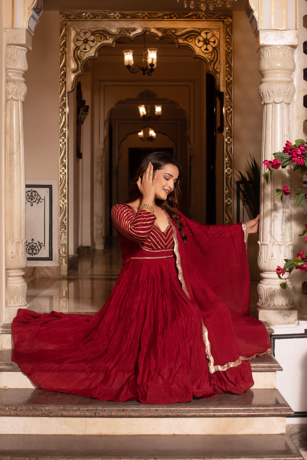 Maroon Sequined Chinon Anarkali Suit Set