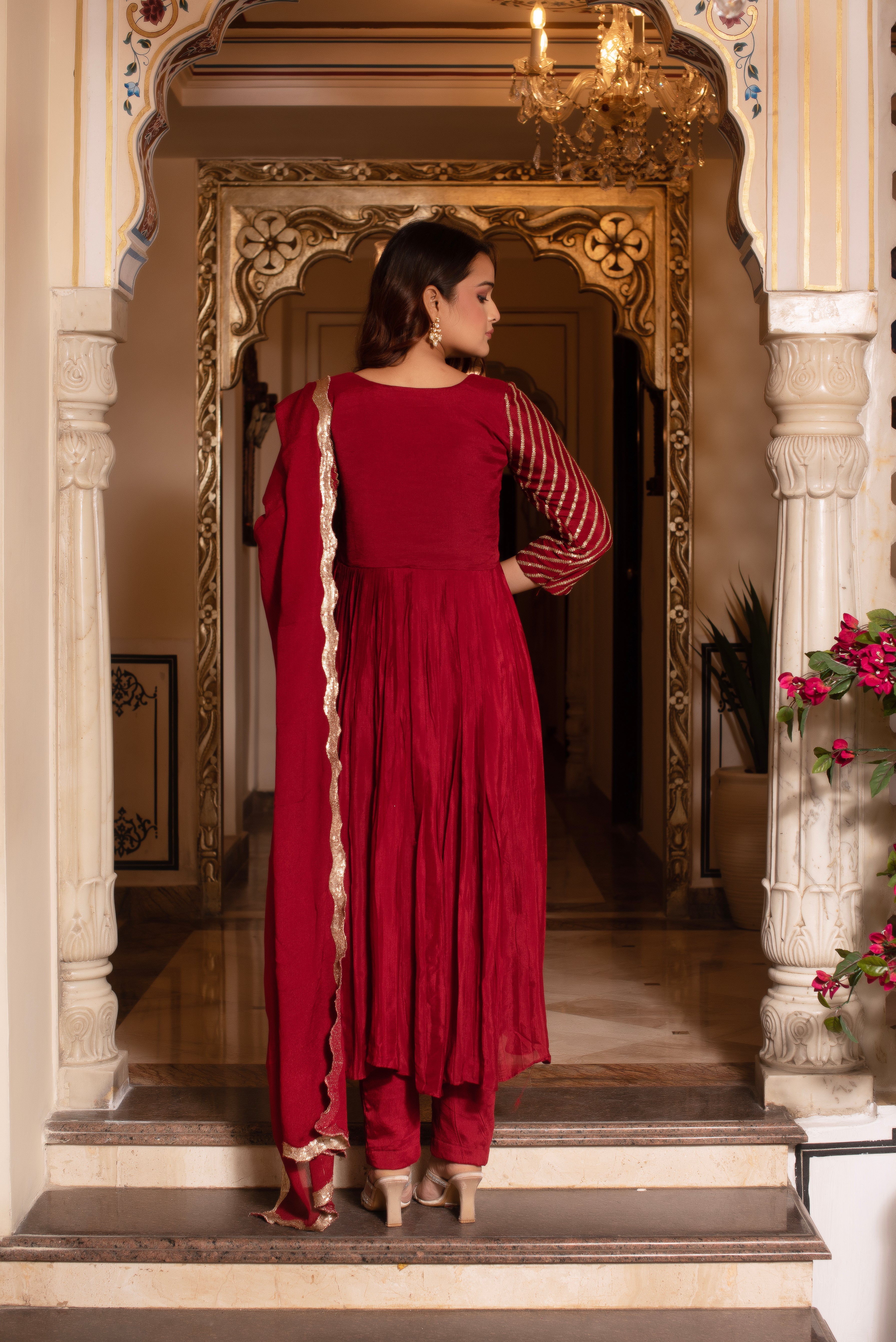 Maroon Sequined Chinon Anarkali Suit Set