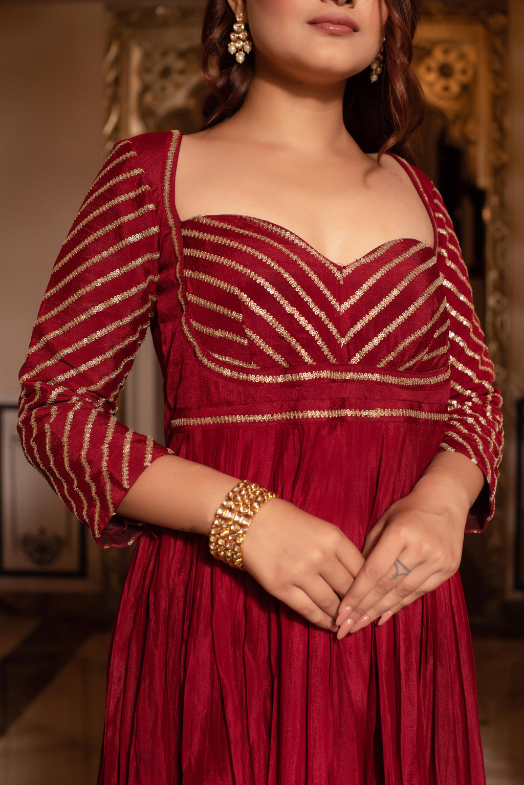 Maroon Sequined Chinon Anarkali Suit Set