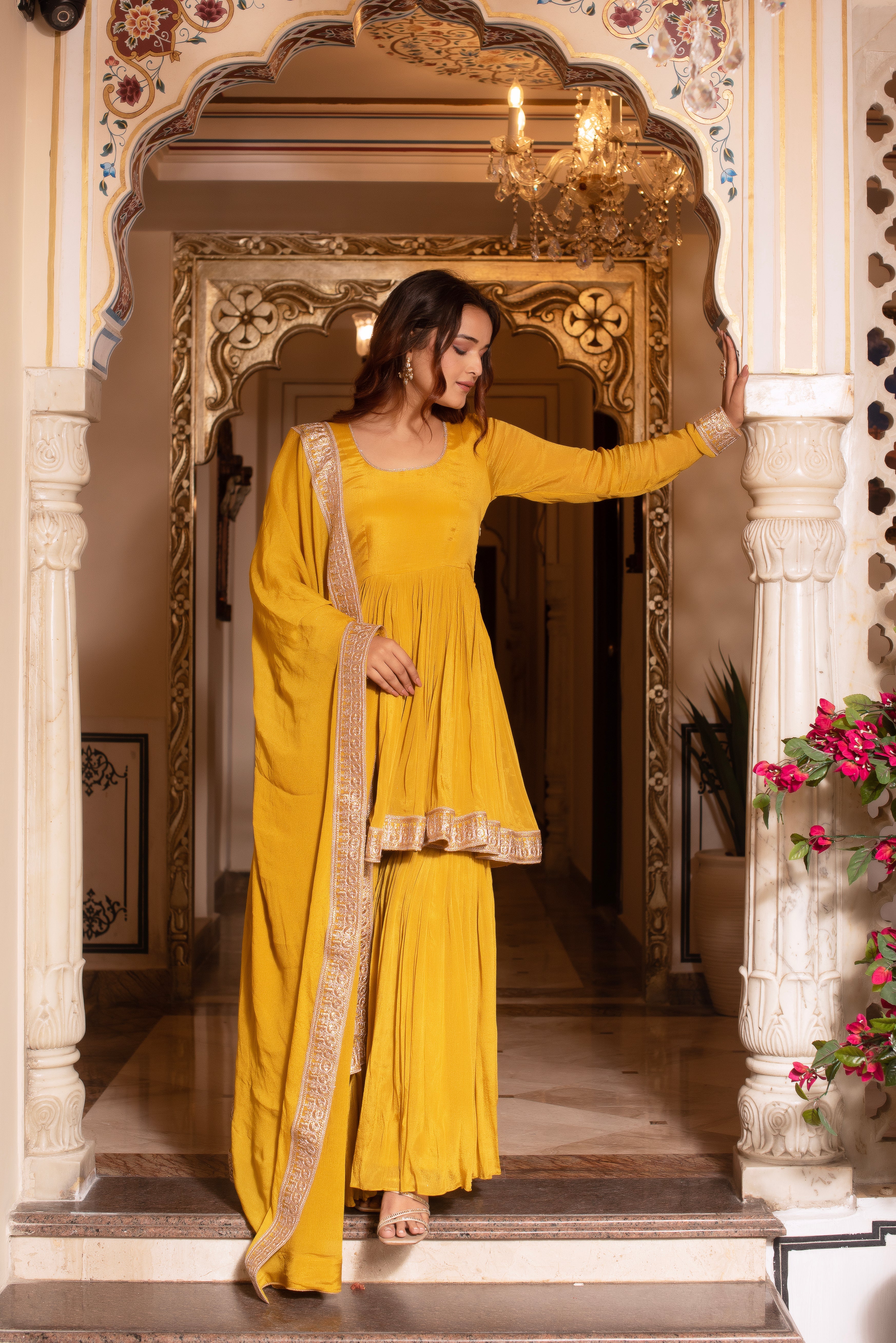 Mustard Yellow Chinon Serene Sharara Set