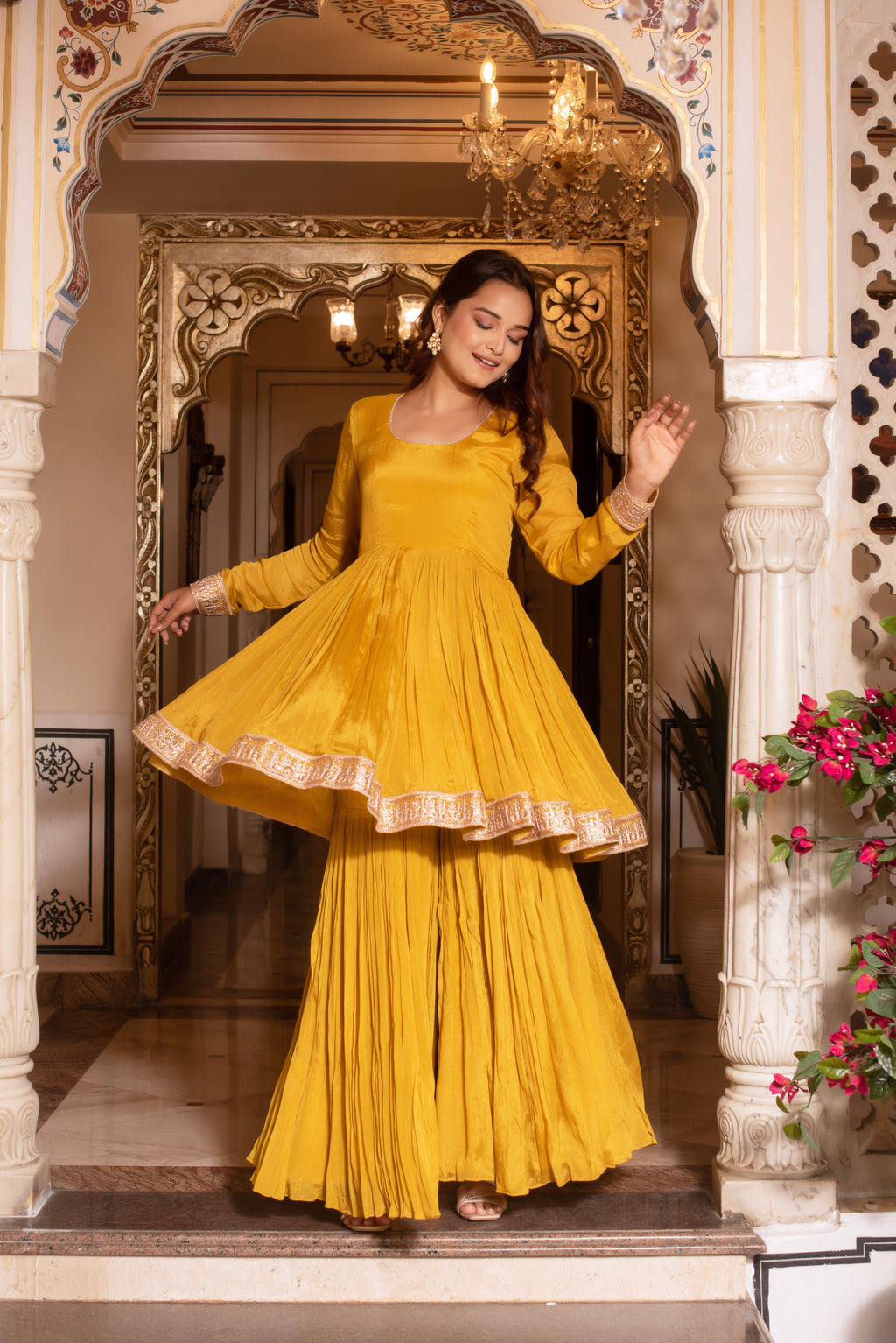 Mustard Yellow Chinon Serene Sharara Set