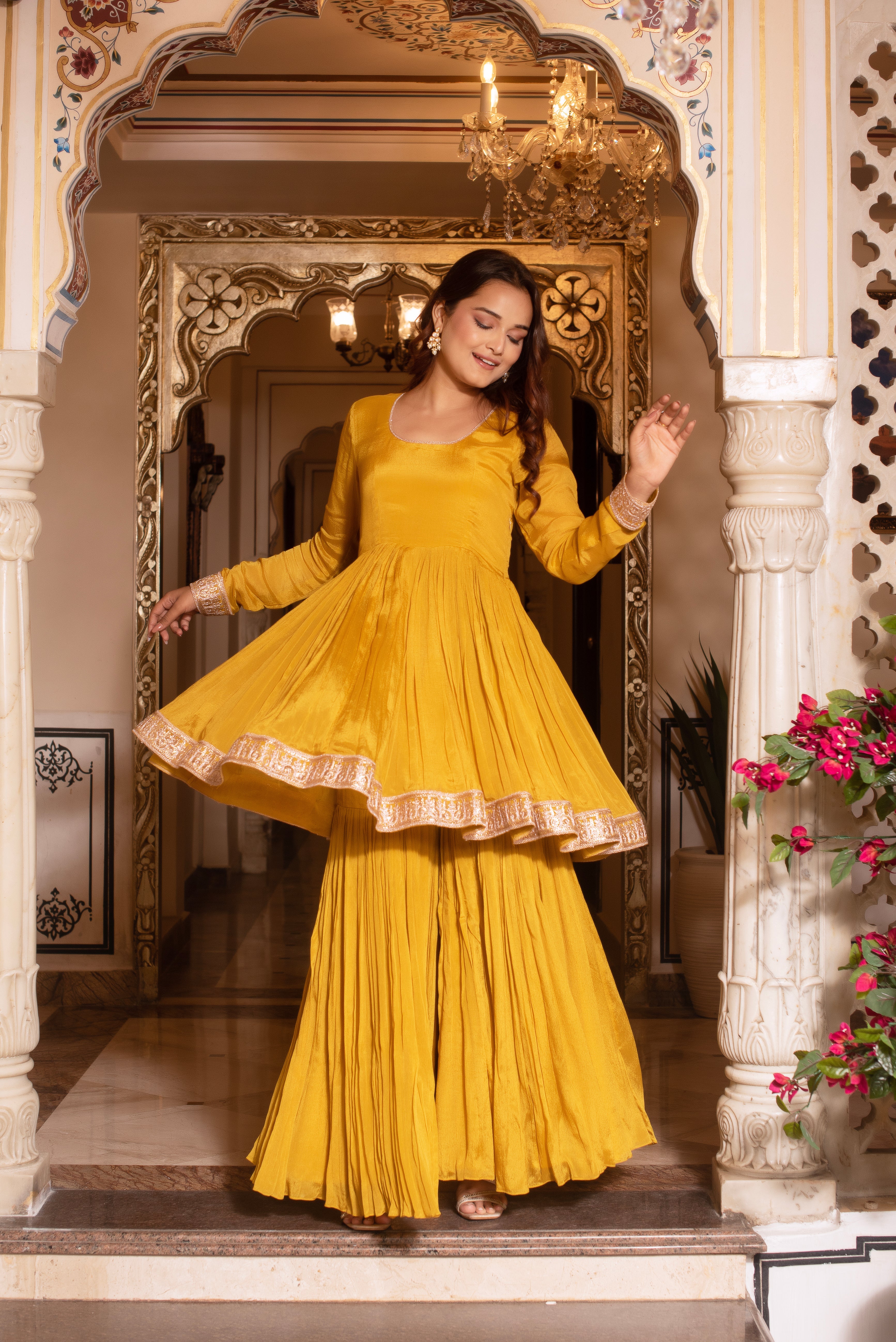 Mustard Yellow Chinon Serene Sharara Set