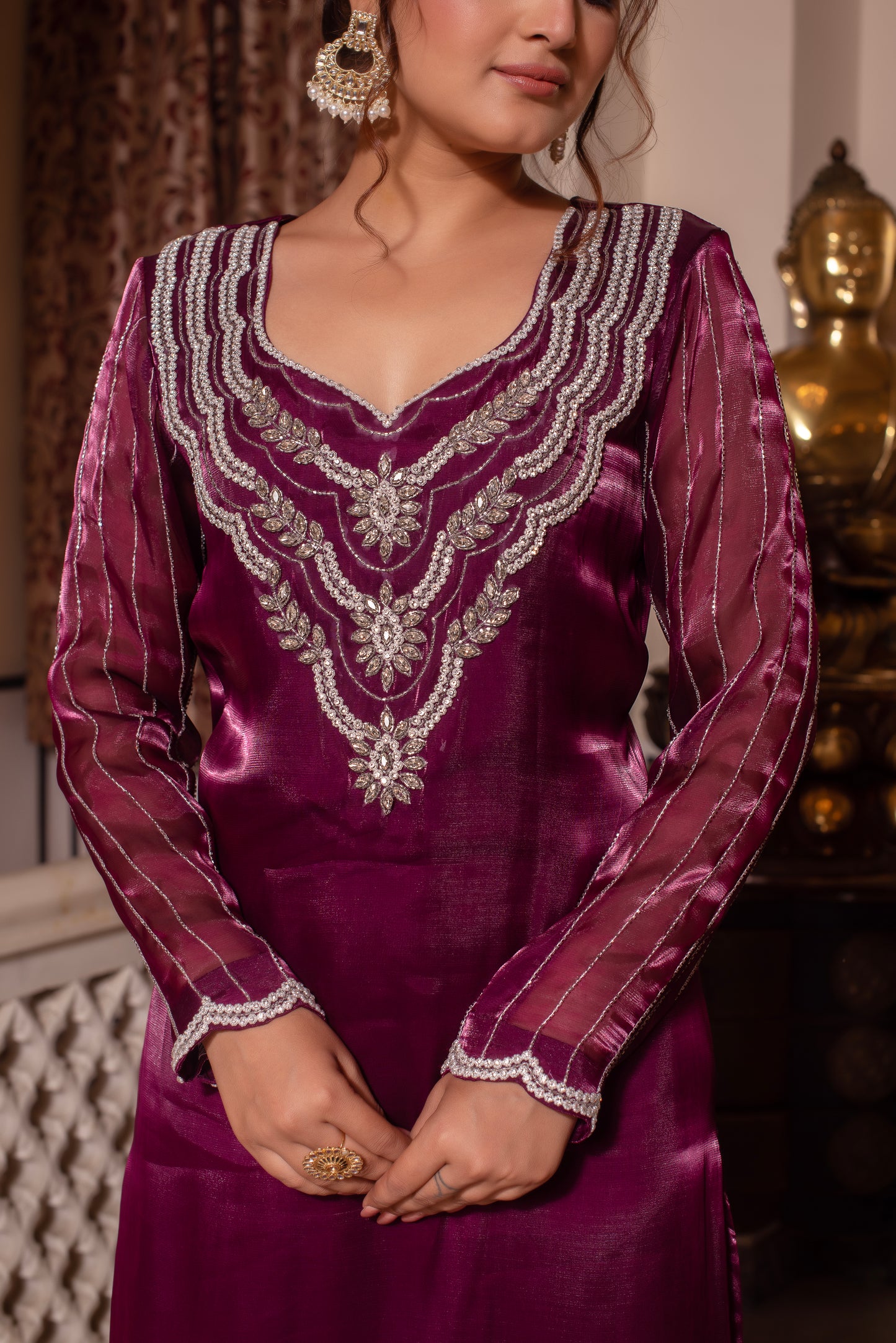 Wine Handwork Pakistani Organza Suit Set