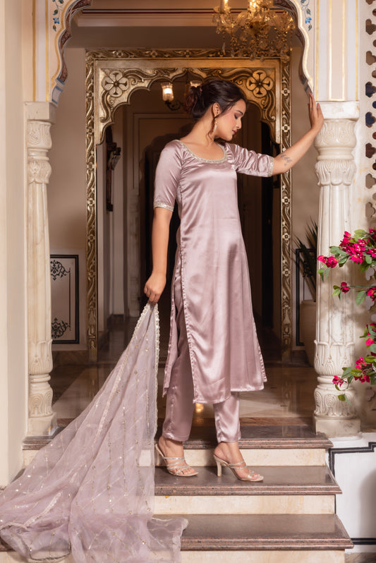 Burnt Lavender Satin Straight Suit Set