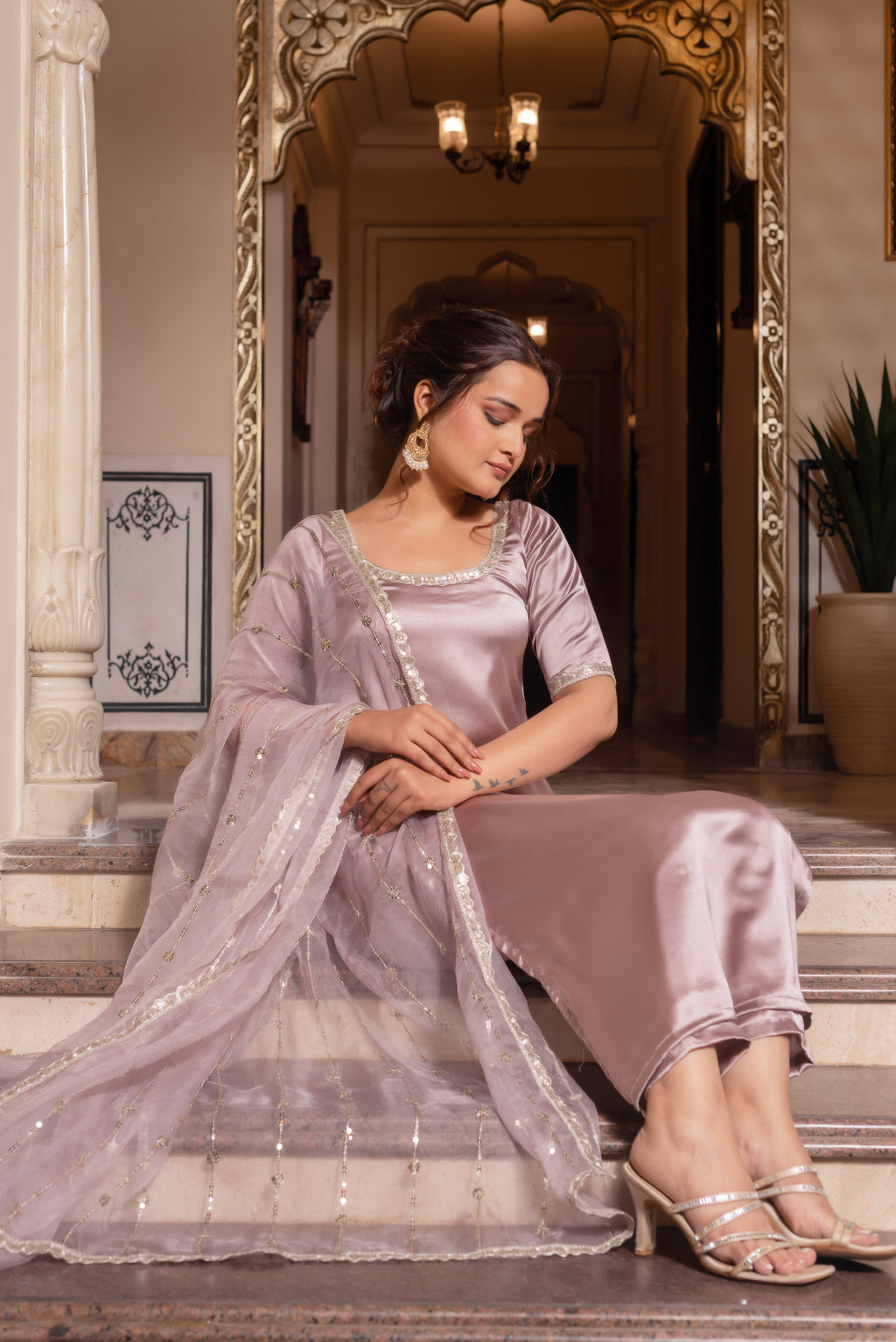 Burnt Lavender Satin Straight Suit Set
