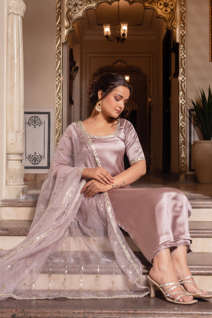 Burnt Lavender Satin Straight Suit Set