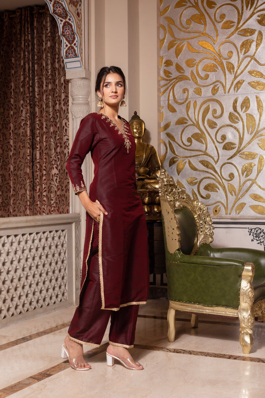 Dark Maroon Handwork Pakistani Silk Kurta Set
