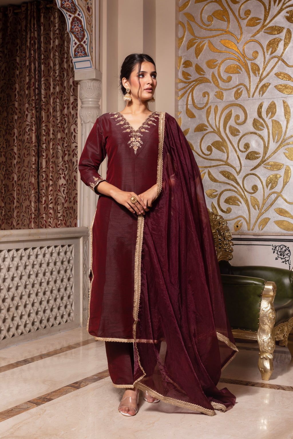 Dark Maroon Handwork Pakistani Silk Kurta Set