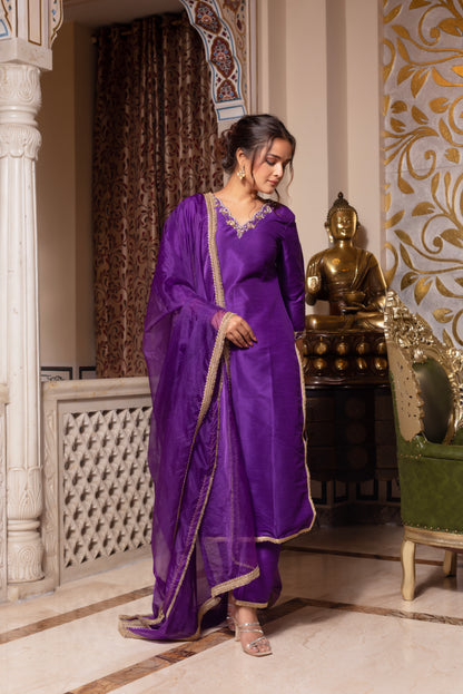 Purple Handwork Pakistani Silk Kurta Set
