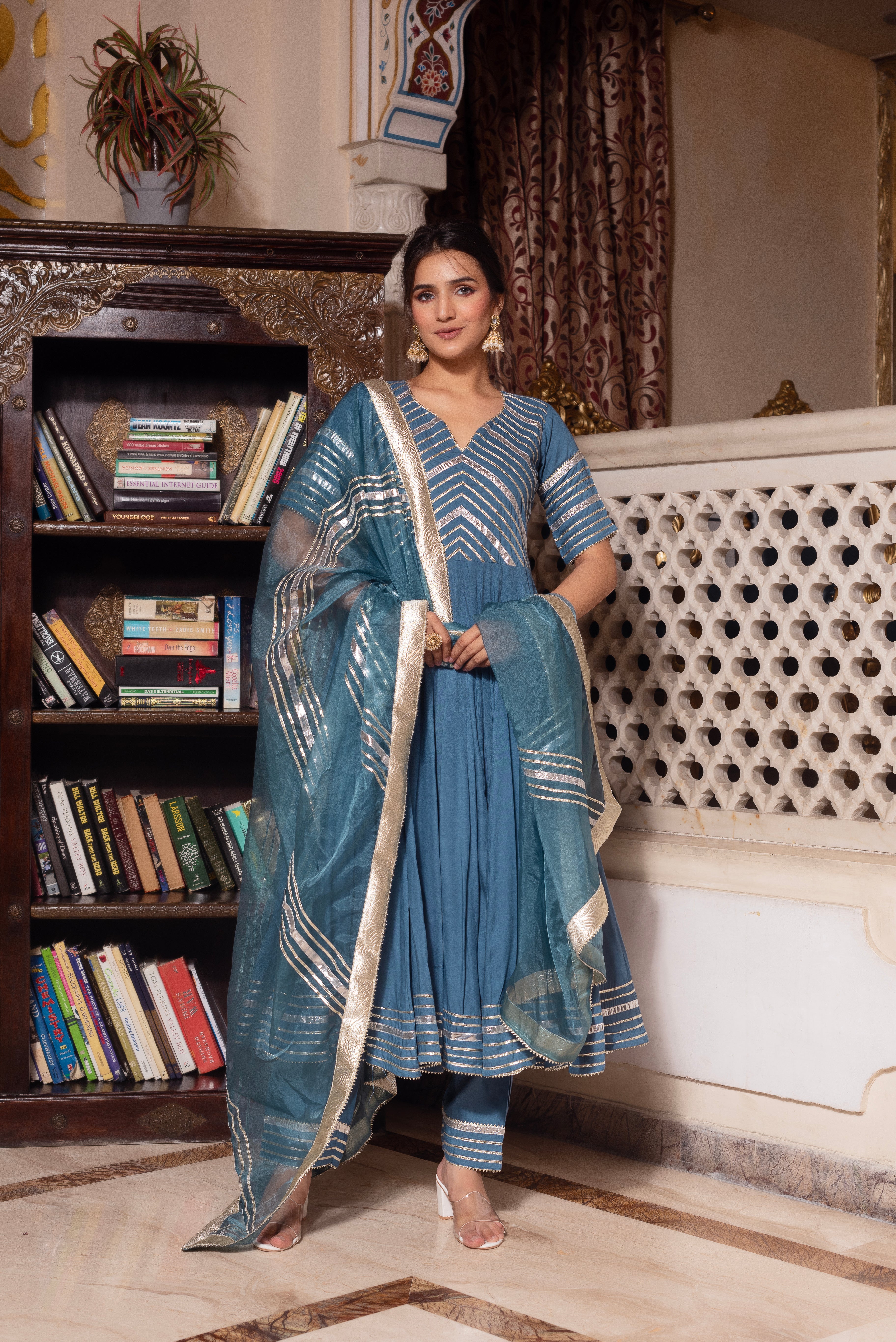Powder Blue Gotapatti Rayon Anarkali Suit Set