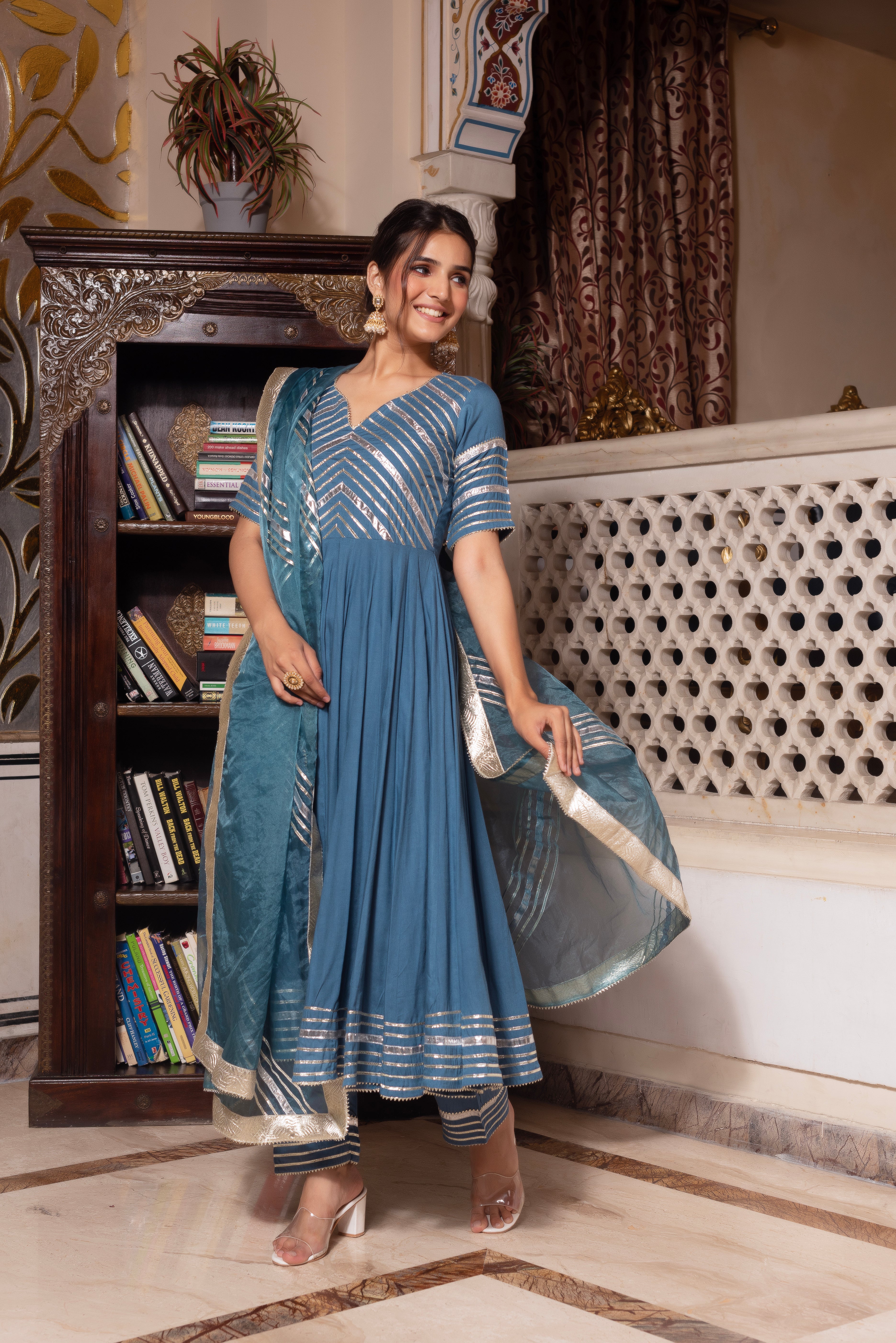 Powder Blue Gotapatti Rayon Anarkali Suit Set