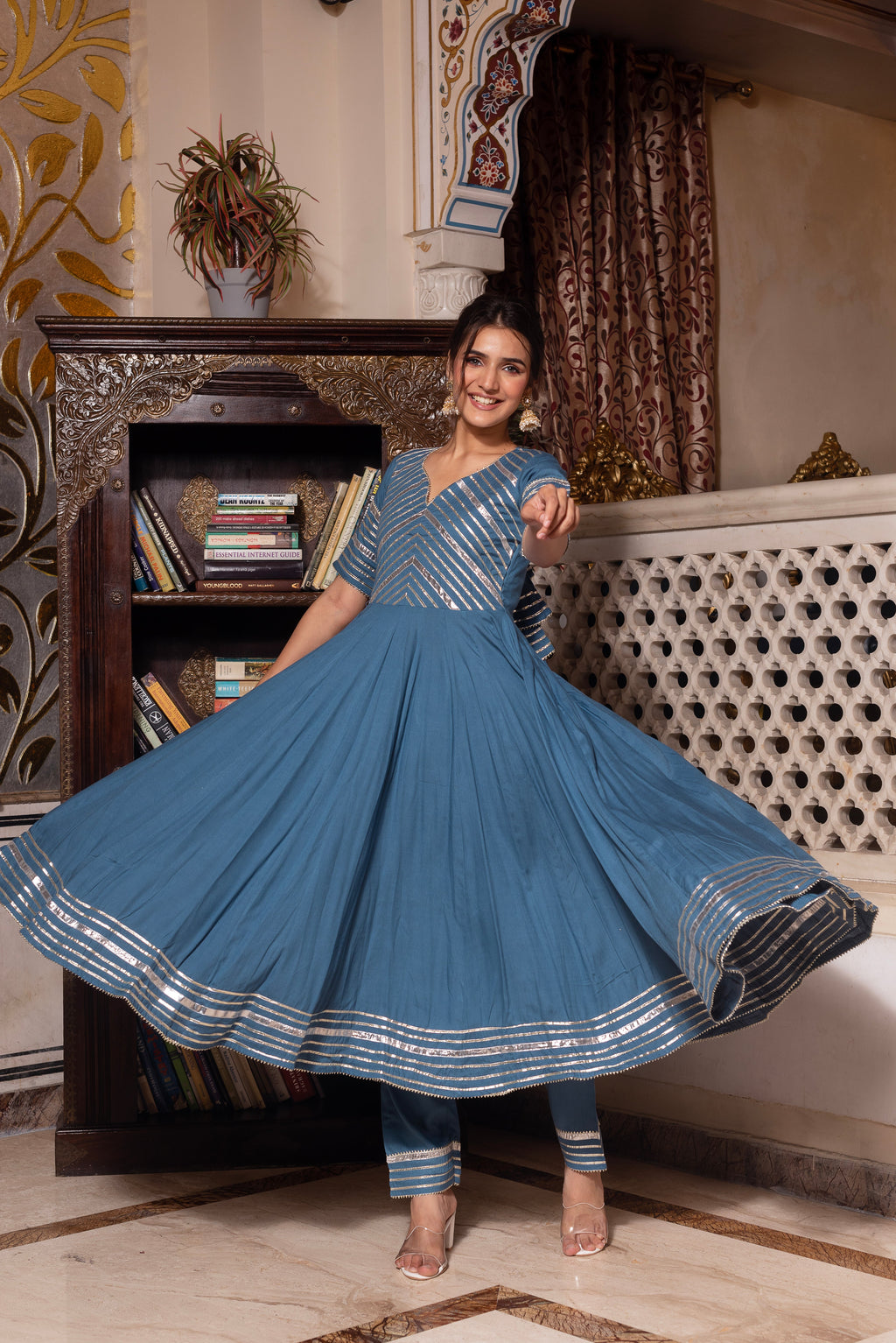Powder Blue Gotapatti Rayon Anarkali Suit Set
