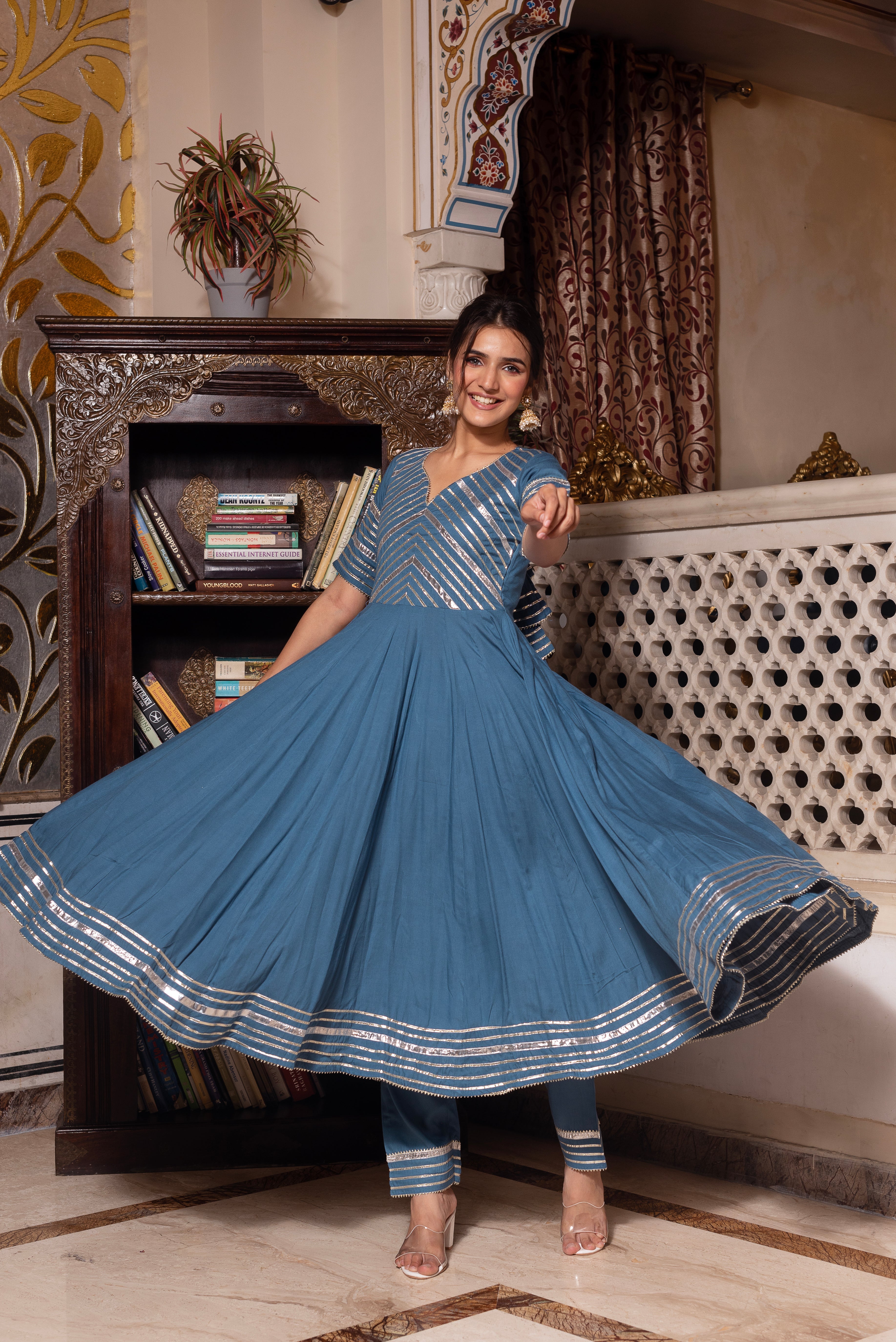 Powder Blue Gotapatti Rayon Anarkali Suit Set