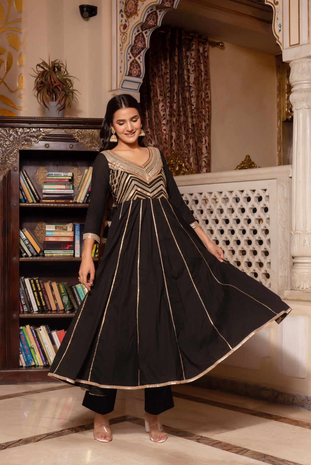 Black Gotapatti Rayon Anarkali Suit Set