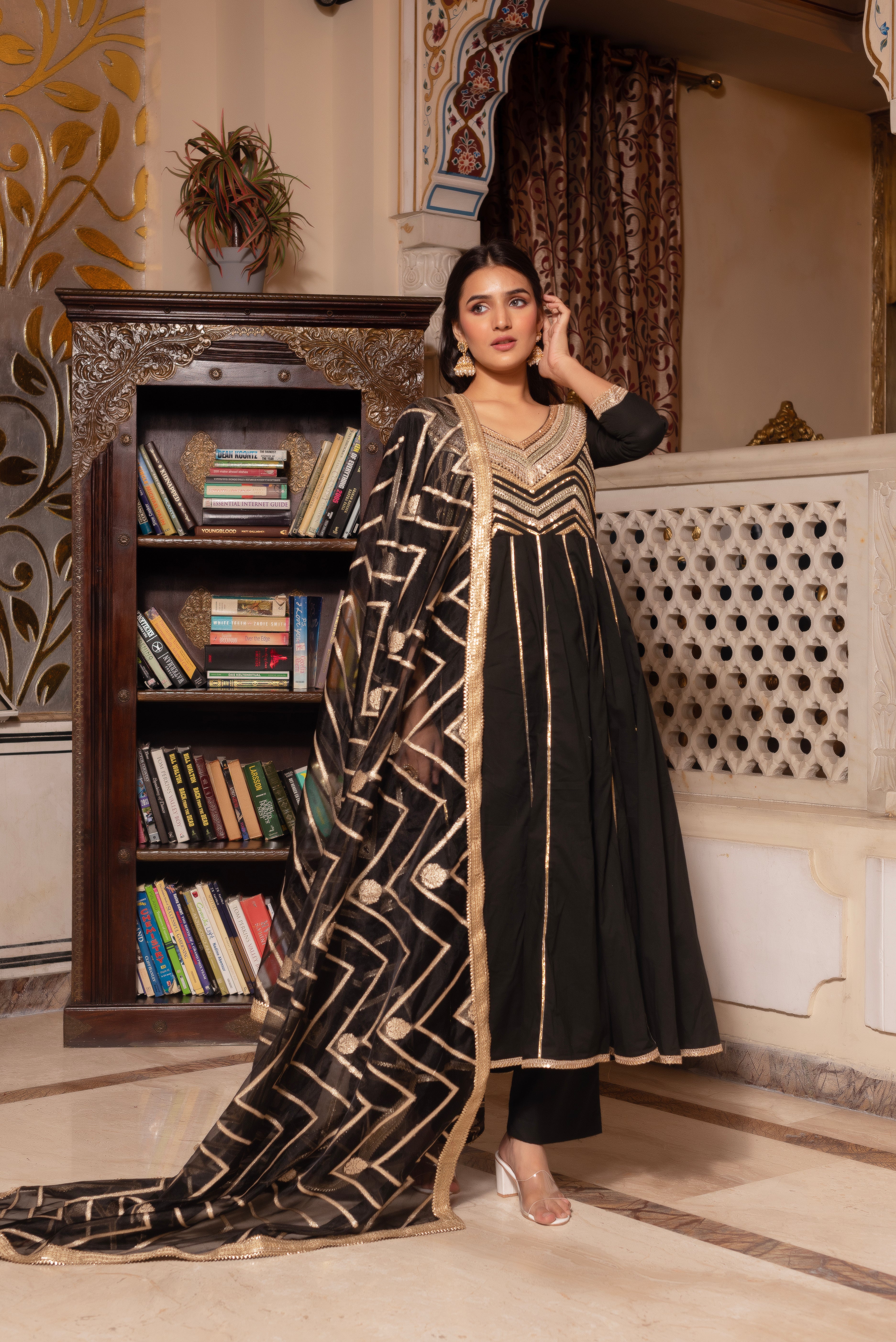 Black Gotapatti Rayon Anarkali Suit Set