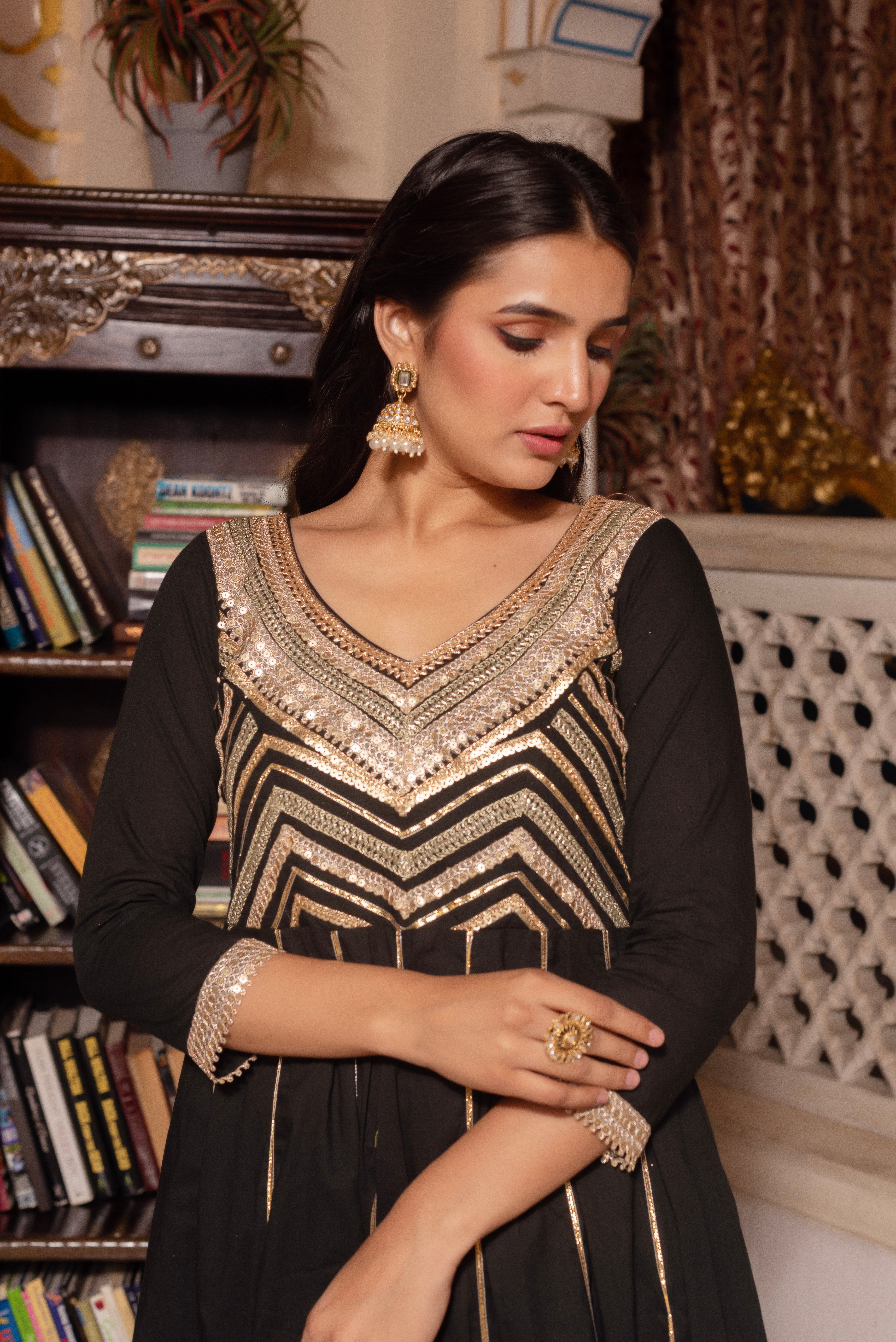 Black Gotapatti Rayon Anarkali Suit Set