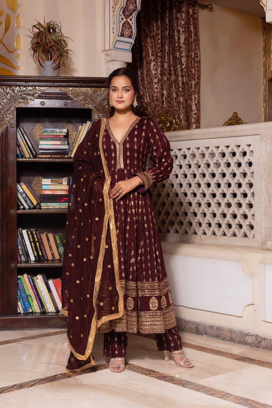 Wine Embroidered Sequined Anarkali Suit Set
