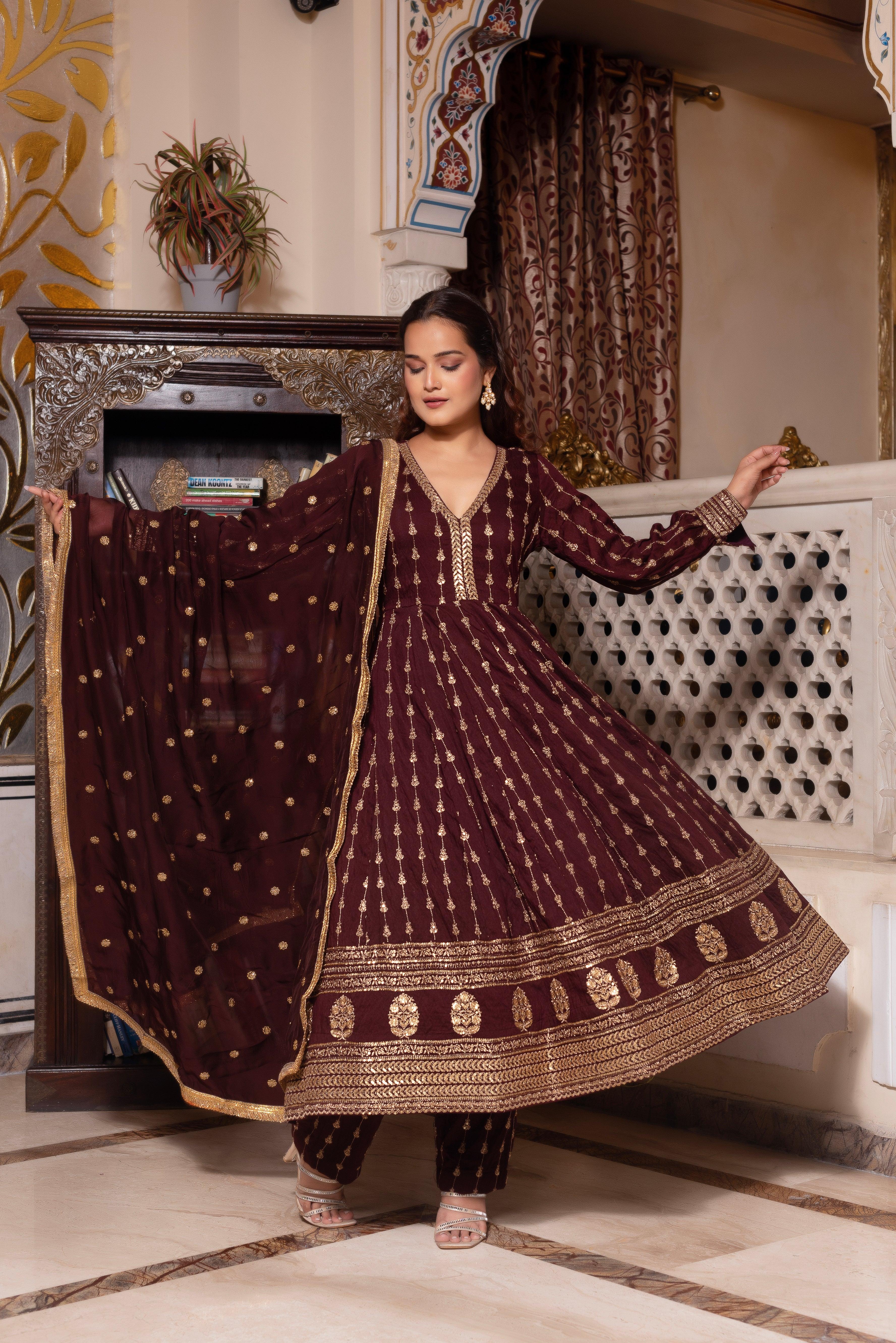 Wine Embroidered Sequined Anarkali Suit Set - LabelTrpika | Premium Womens Wear