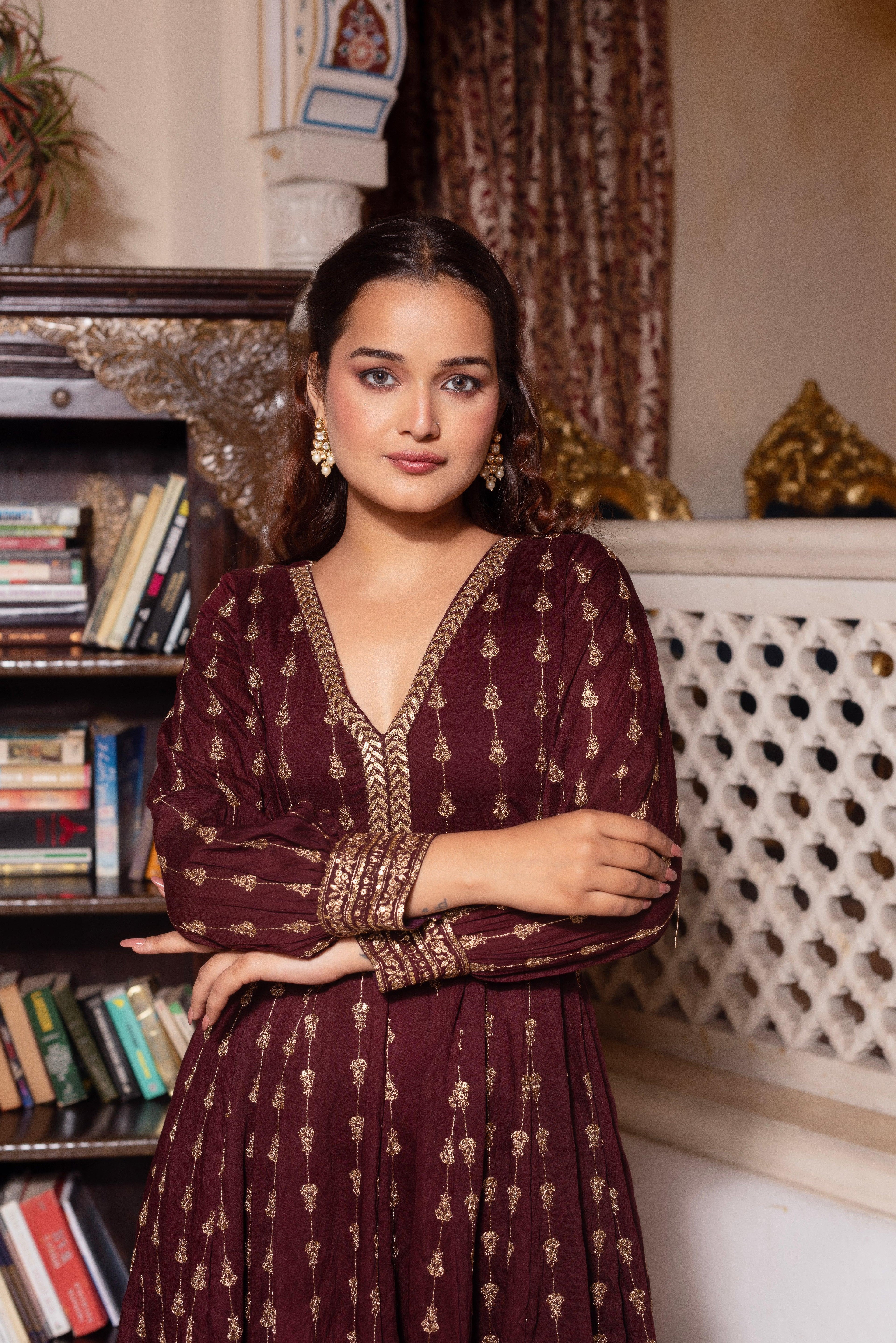 Wine Embroidered Sequined Anarkali Suit Set - LabelTrpika | Premium Womens Wear