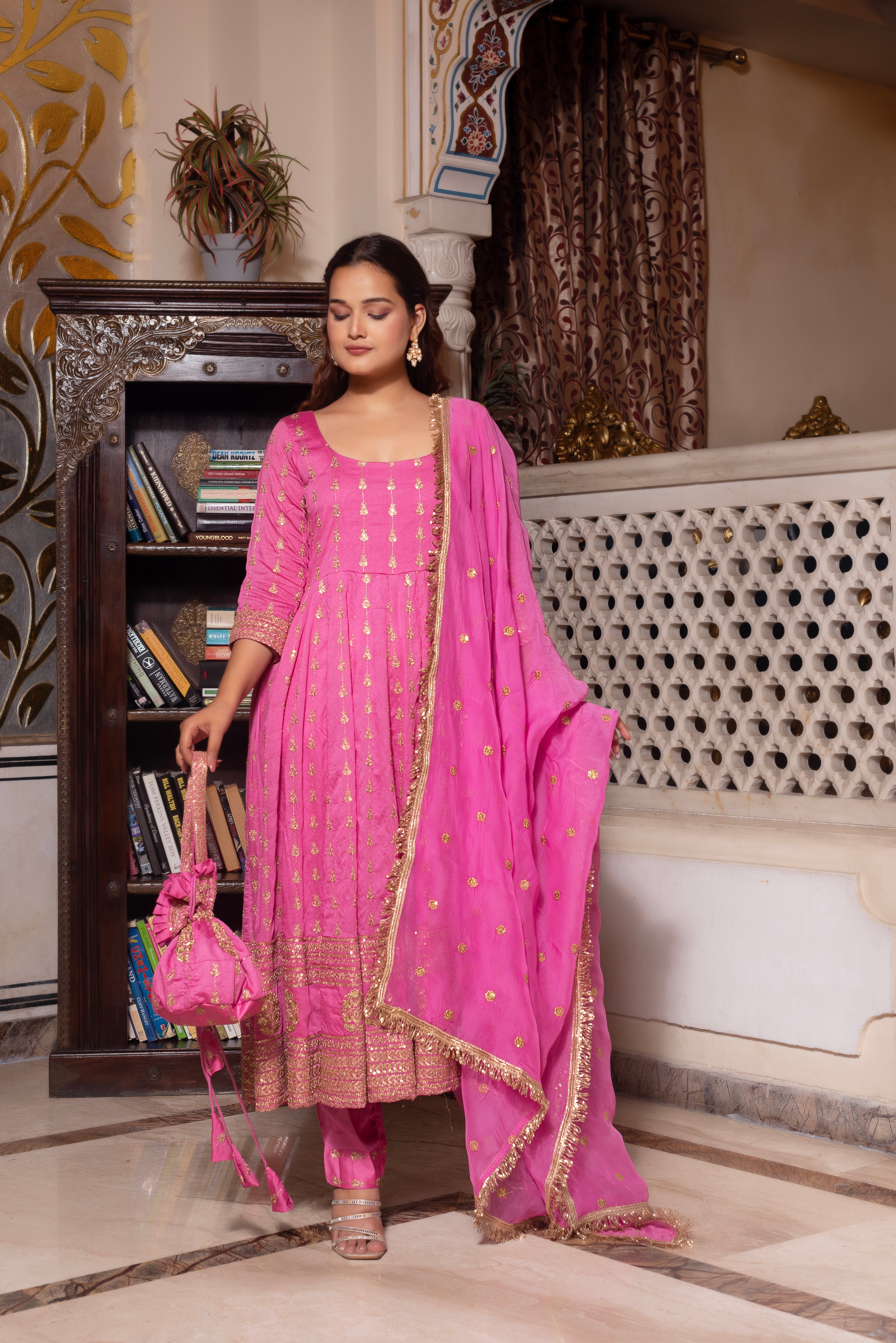 Lavender Pink Embroidered Sequined Anarkali Suit Set
