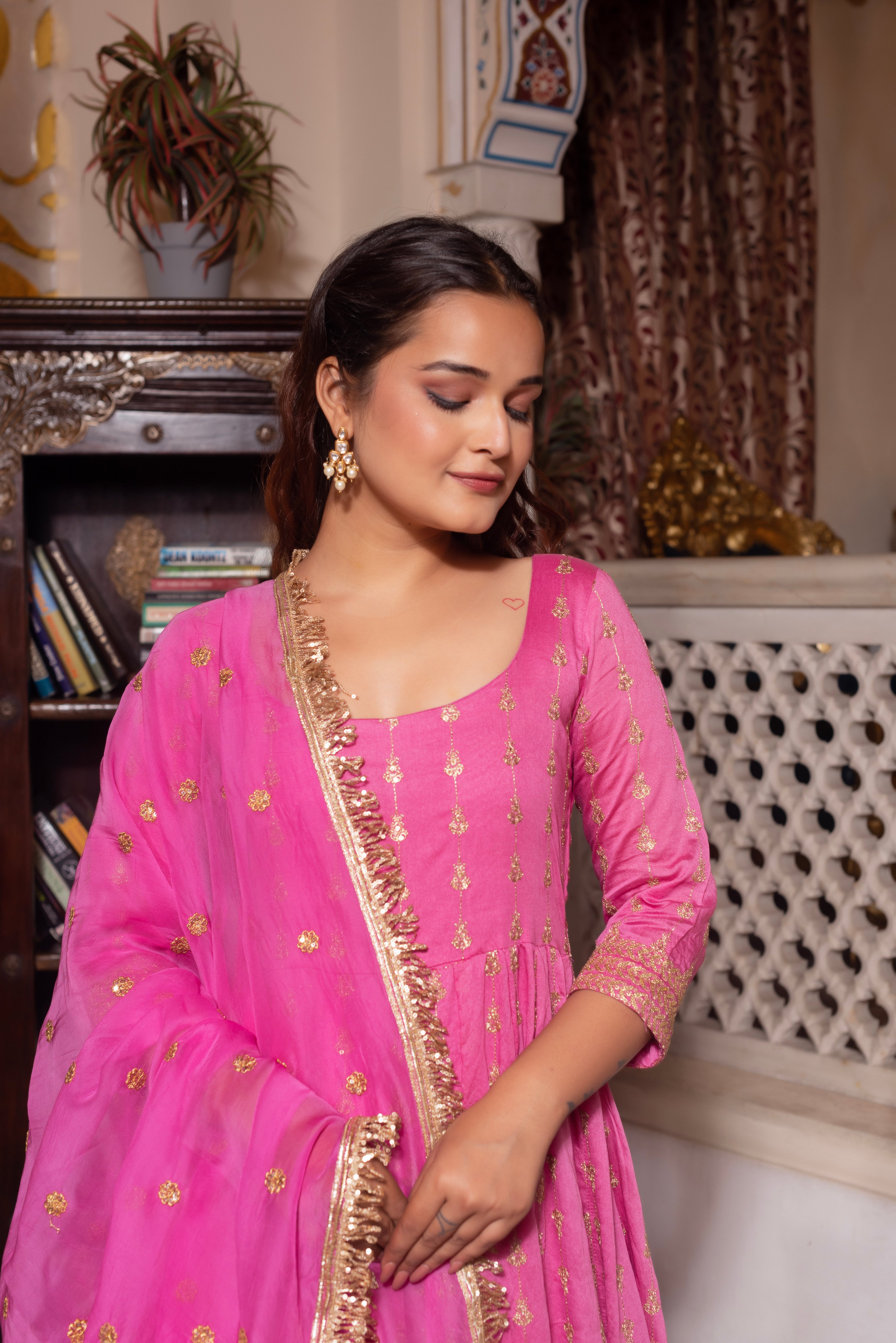 Lavender Pink Embroidered Sequined Anarkali Suit Set