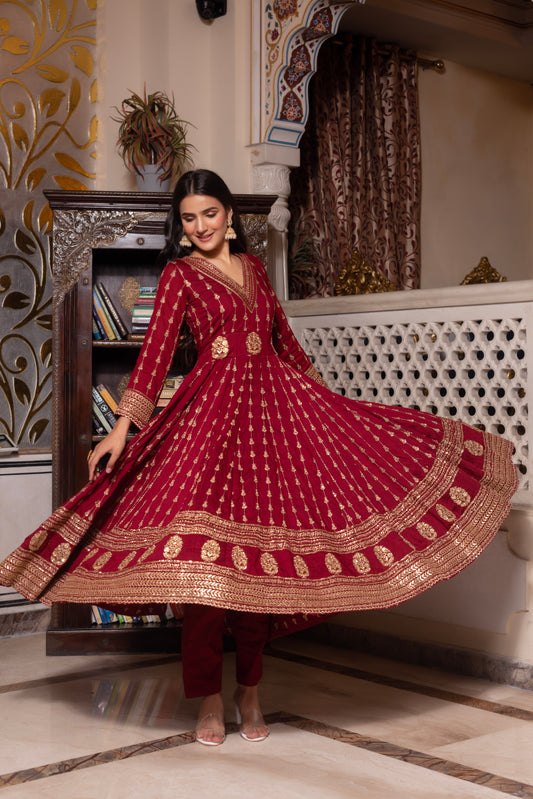 Maroon Embroidered Sequined Anarkali Suit Set