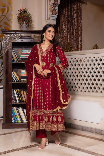 Maroon Embroidered Sequined Anarkali Suit Set