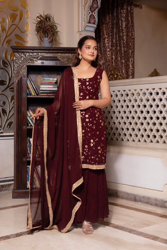 Wine Embroidered Sequined Sharara Set