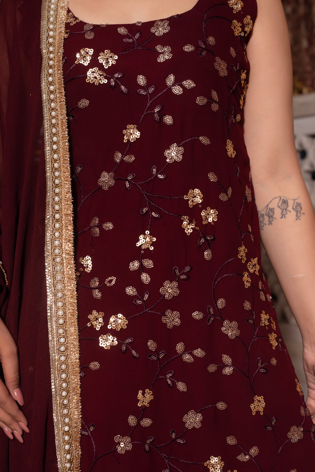 Wine Embroidered Sequined Sharara Set