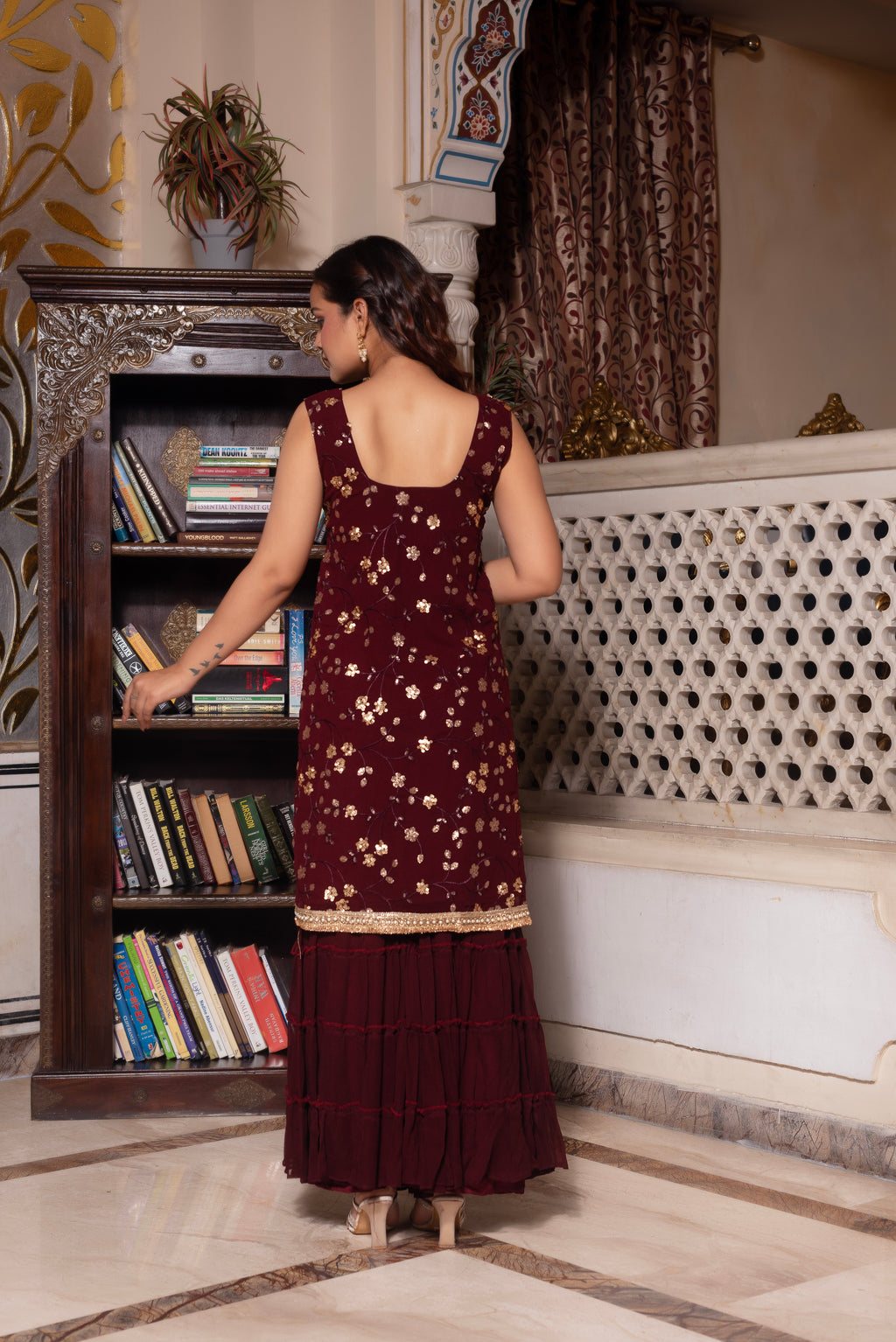 Wine Embroidered Sequined Sharara Set
