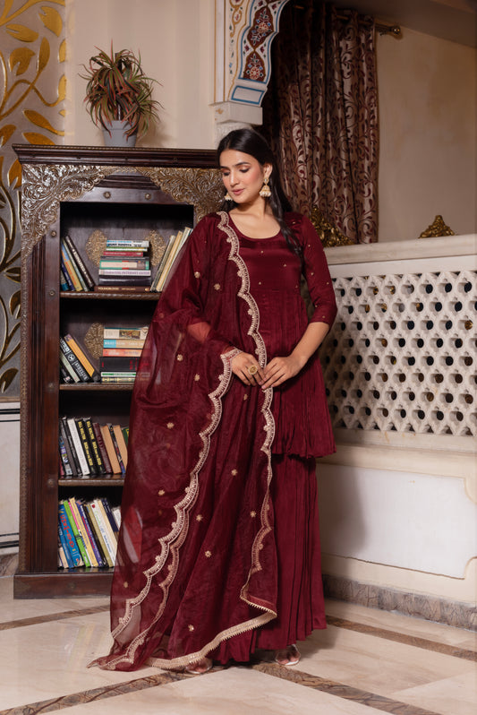 Maroon Chinon Handwork Sharara Set
