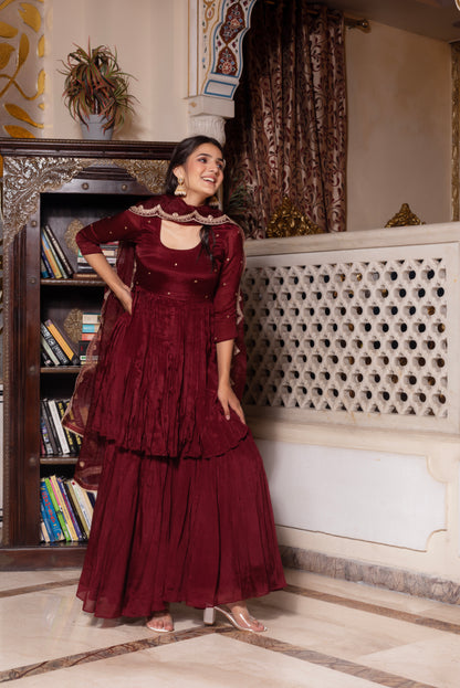 Maroon Chinon Handwork Sharara Set