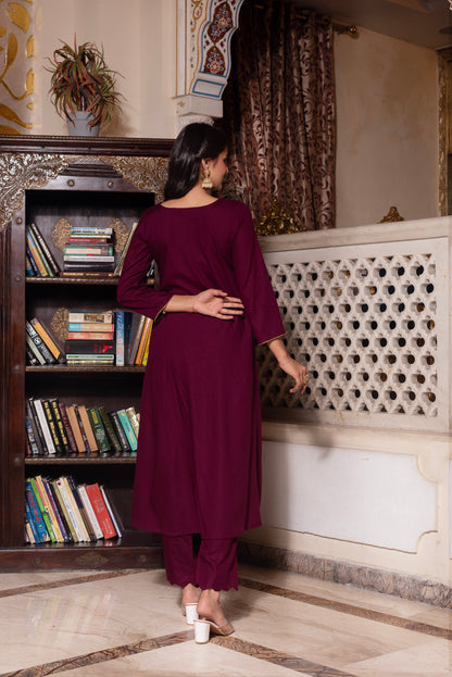 Wine Zari Organza Suit Set