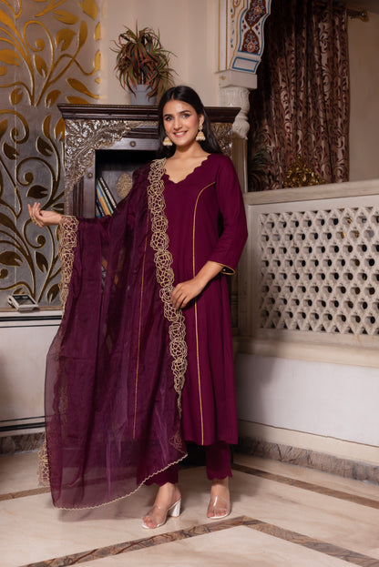 Wine Zari Organza Suit Set