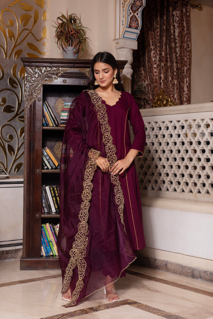 Wine Zari Organza Suit Set