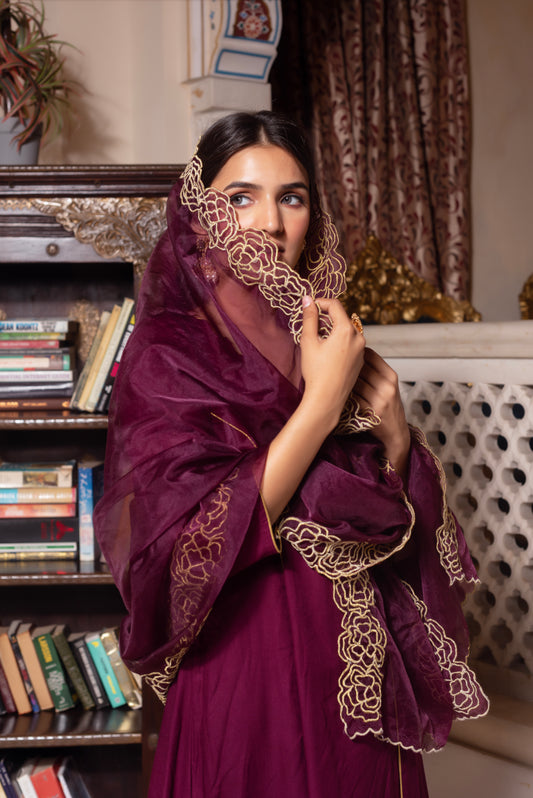 Wine Zari Organza Suit Set