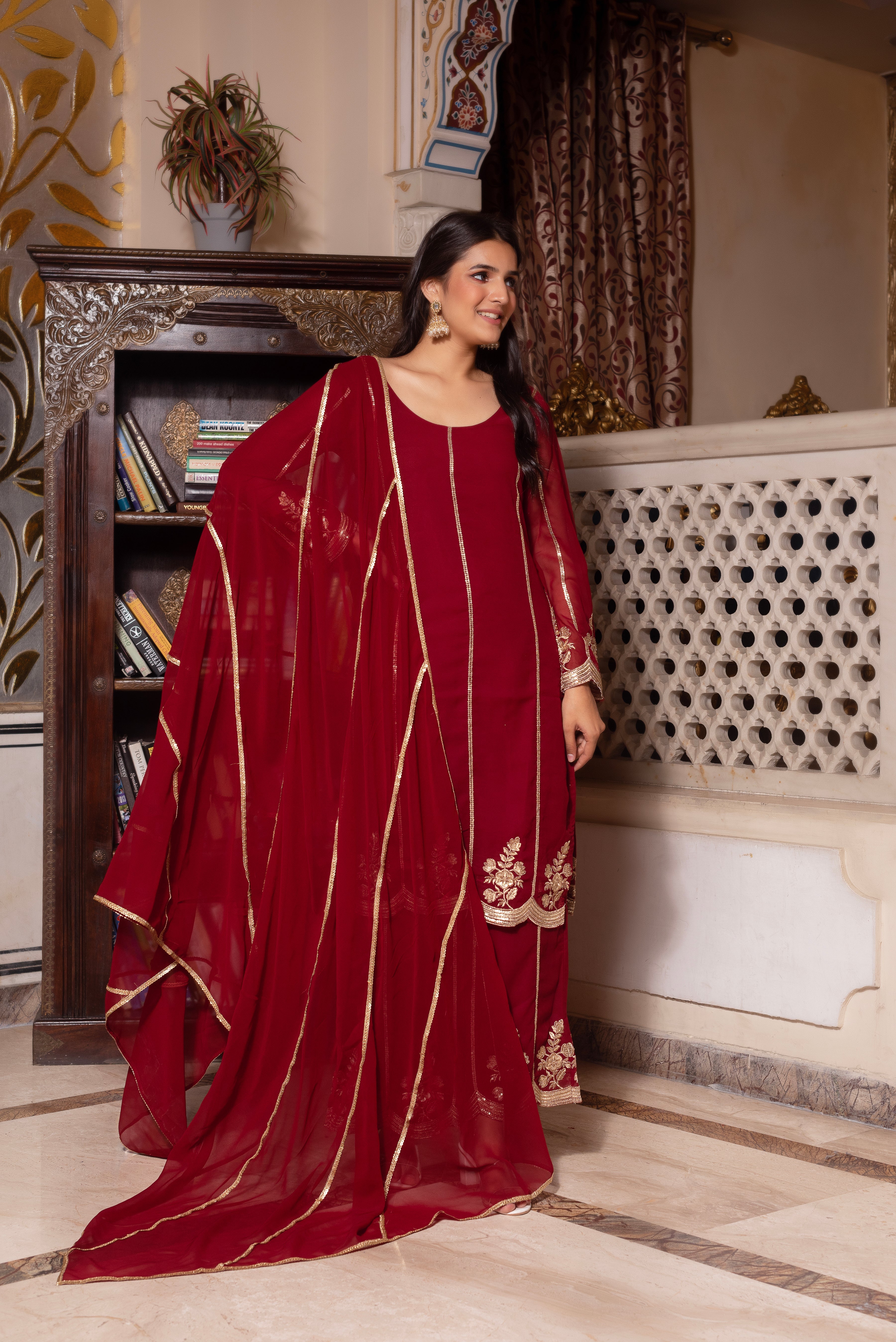 Maroon Embroidered Palazzo Set