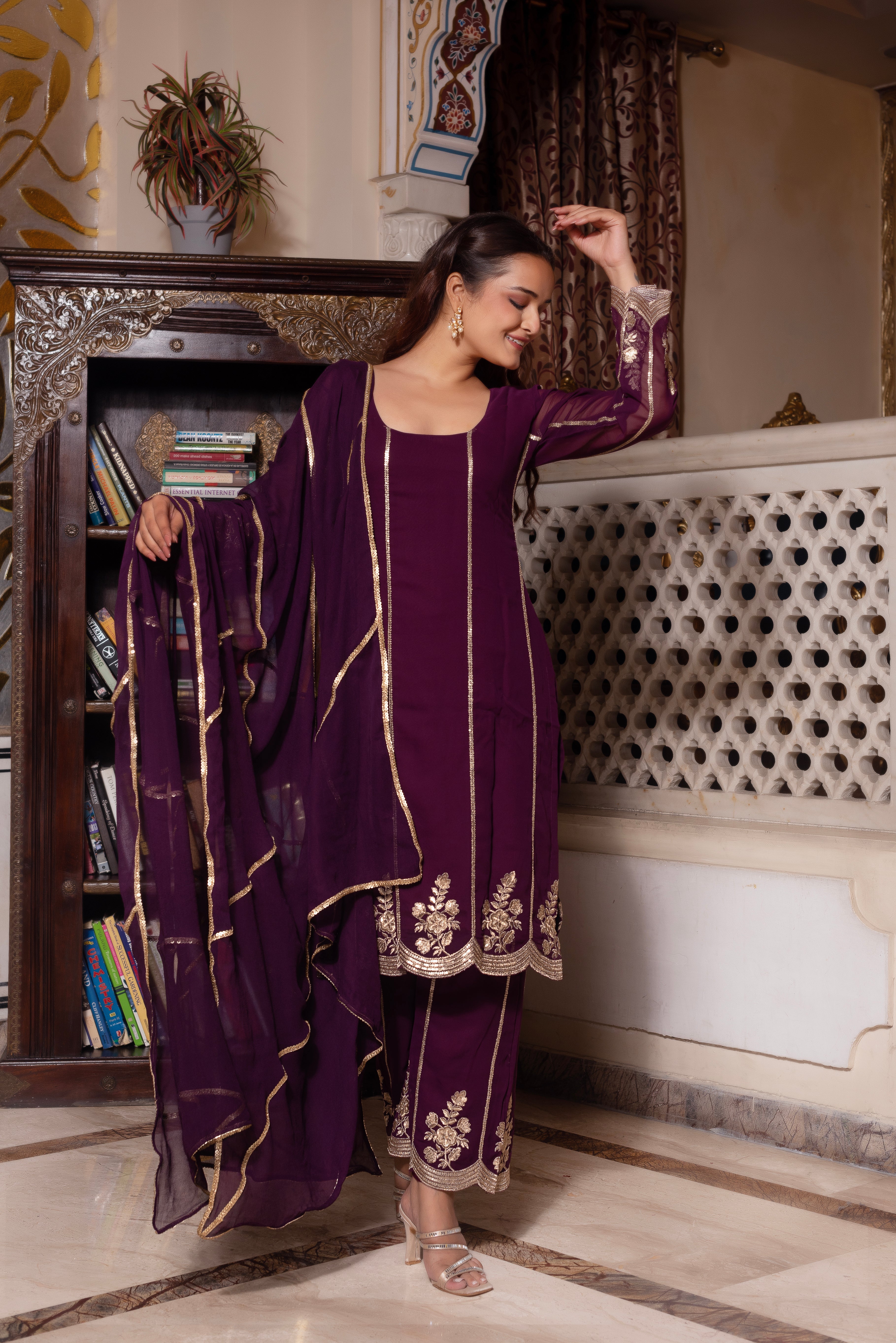 Purple Embroidered Palazzo Set