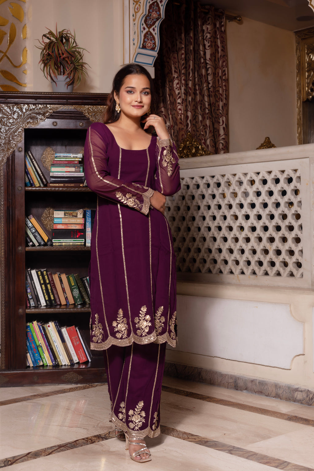 Purple Embroidered Palazzo Set