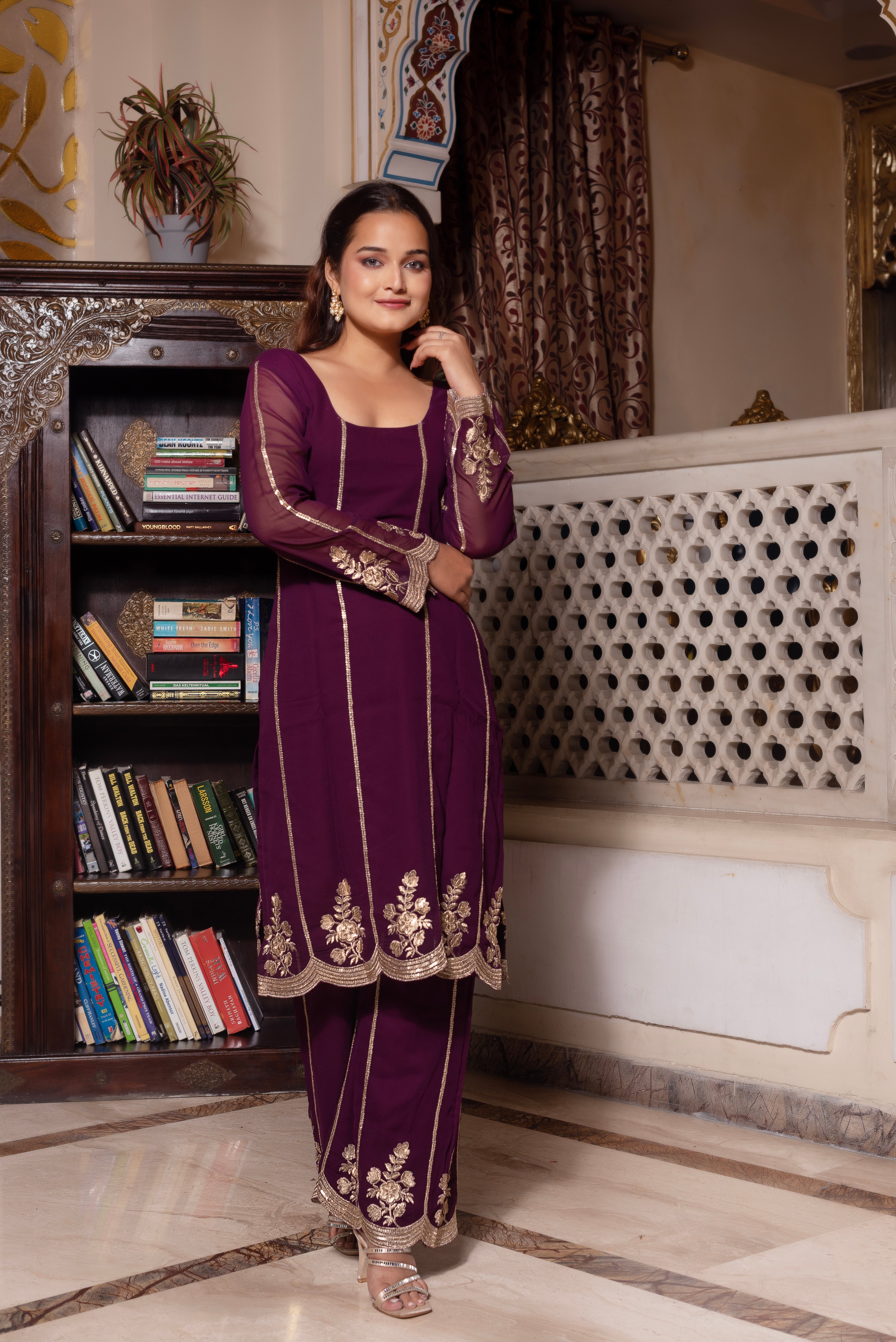 Purple Embroidered Palazzo Set