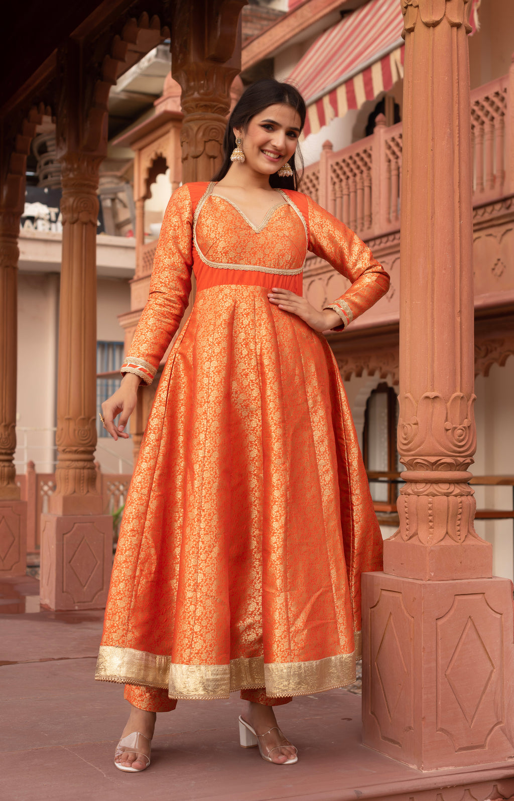 Orange Jacquard Gotapatti Anarkali Suit Set