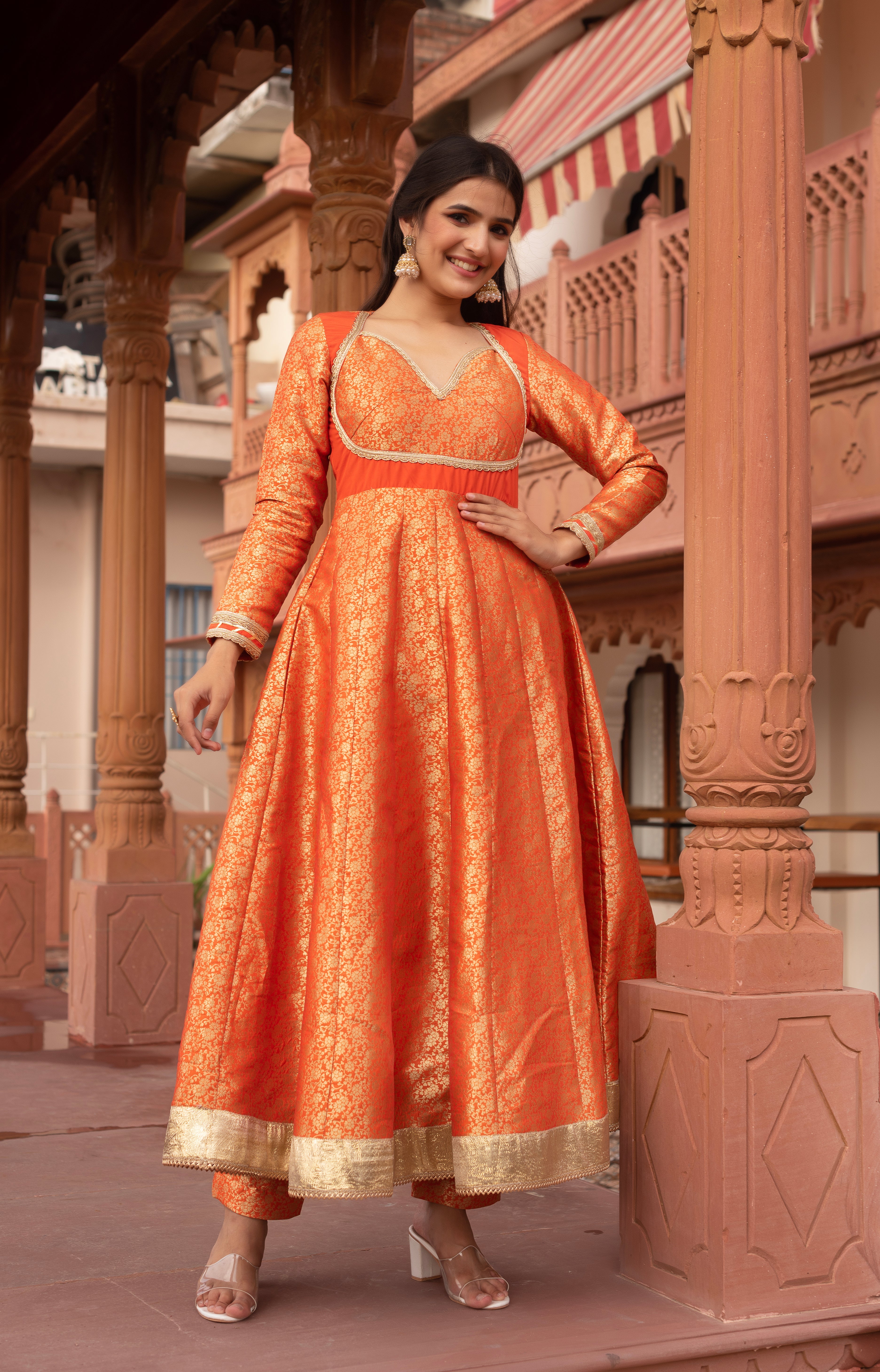 Orange Jacquard Gotapatti Anarkali Suit Set