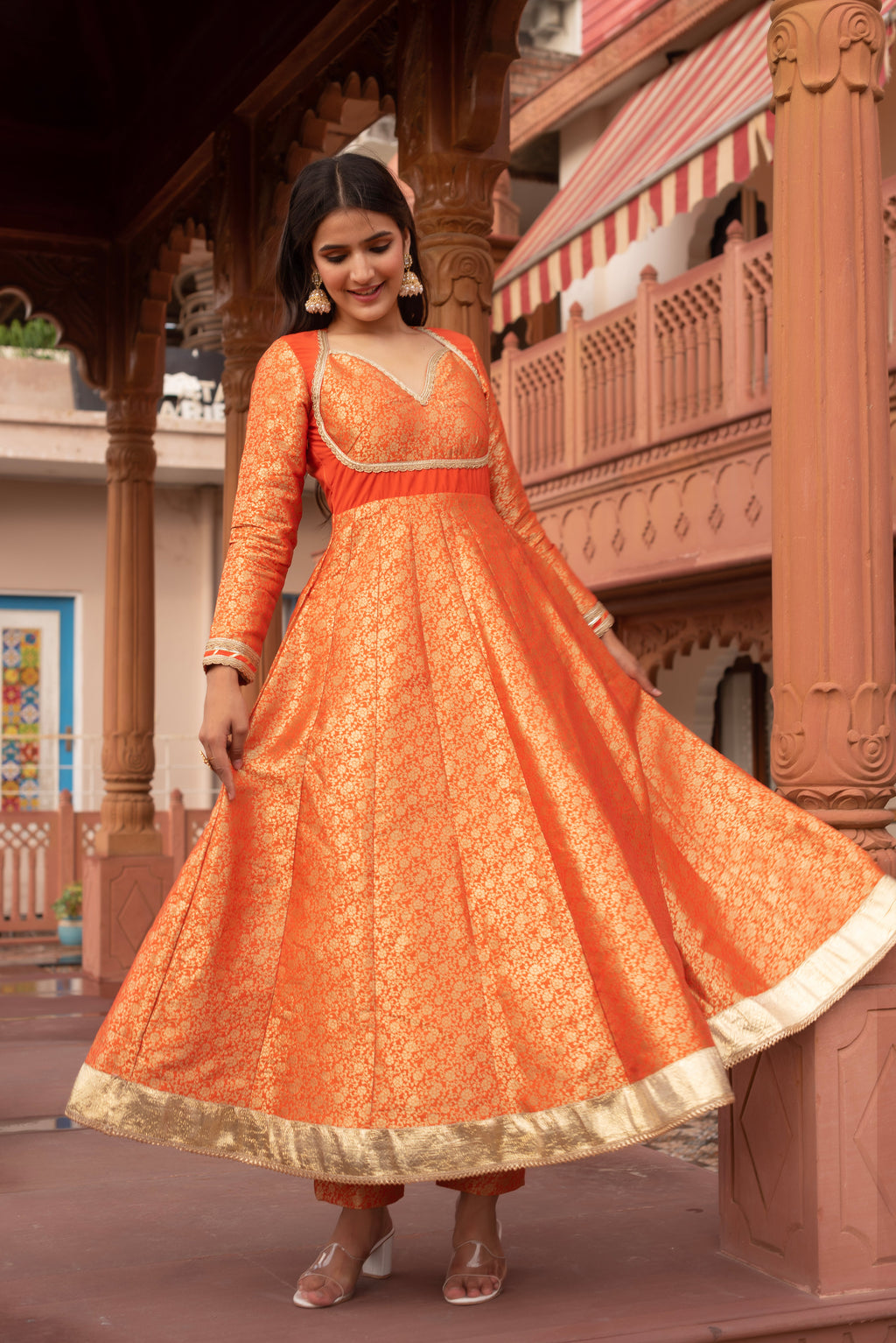 Orange Jacquard Gotapatti Anarkali Suit Set