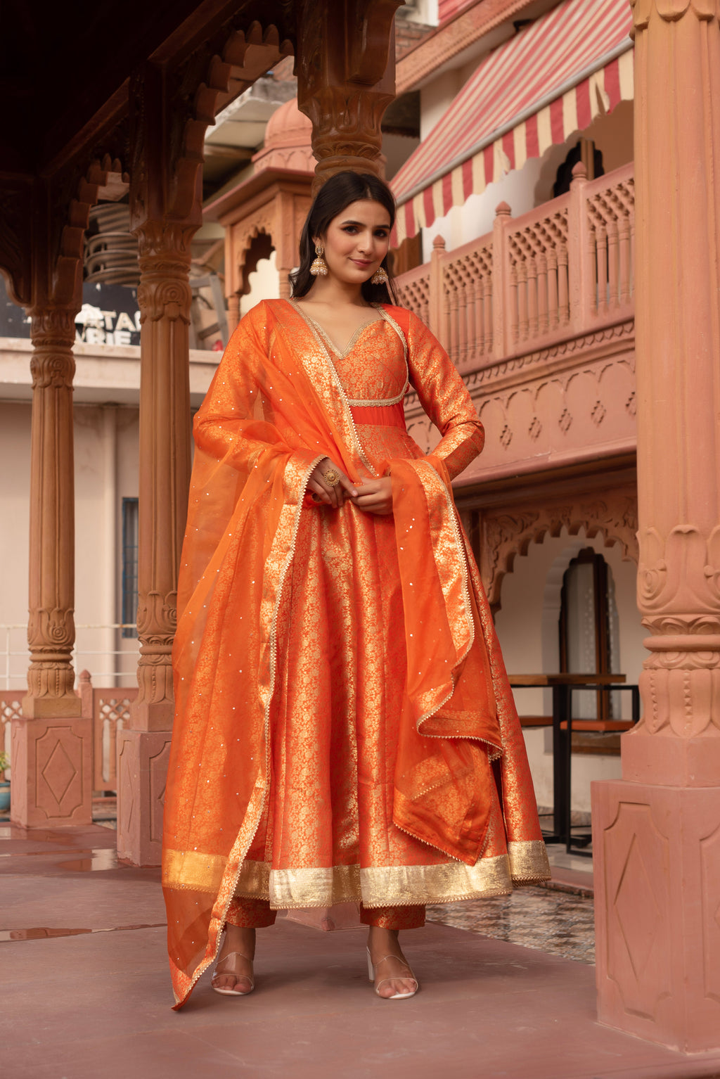Orange Jacquard Gotapatti Anarkali Suit Set