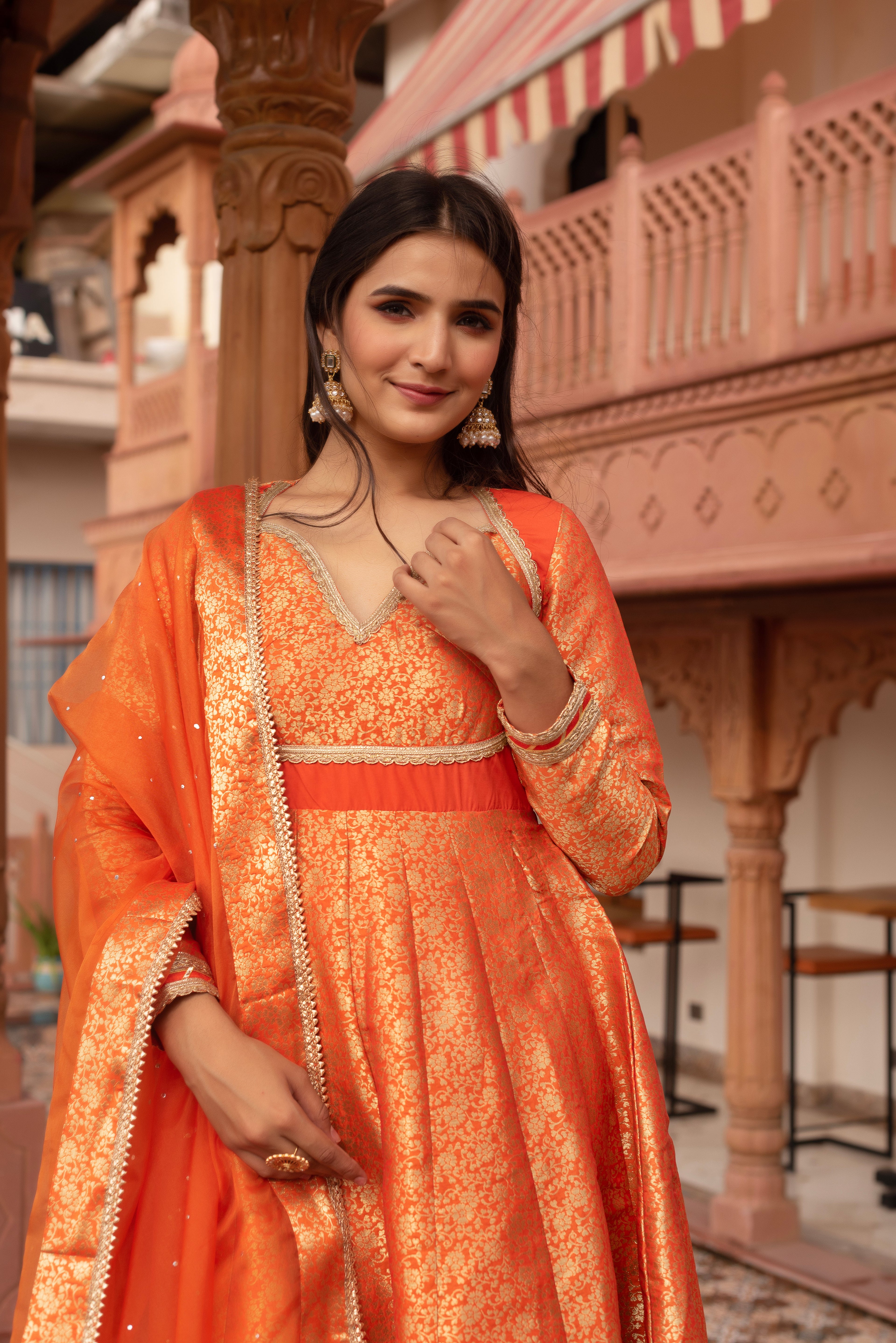 Orange Jacquard Gotapatti Anarkali Suit Set