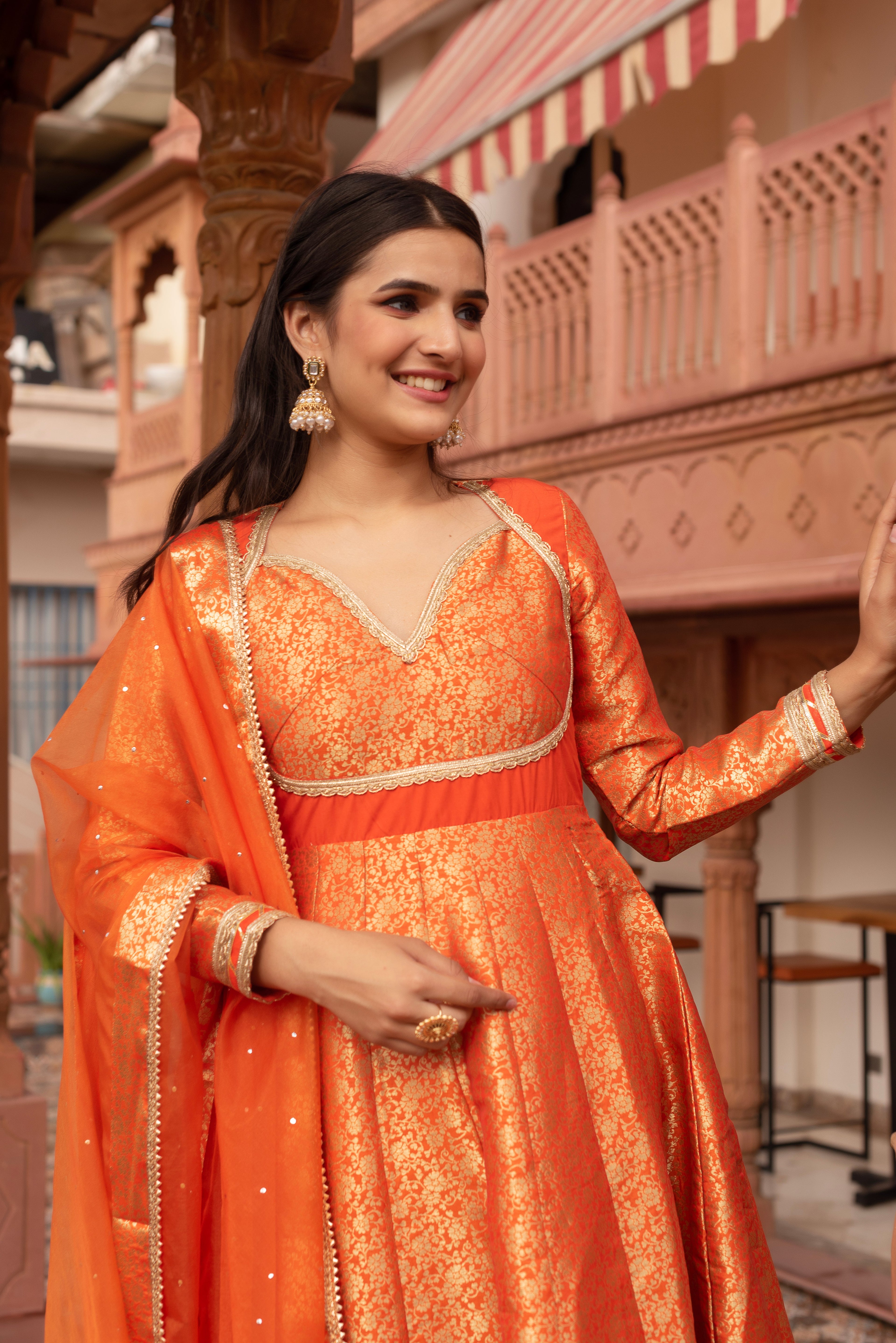Orange Jacquard Gotapatti Anarkali Suit Set