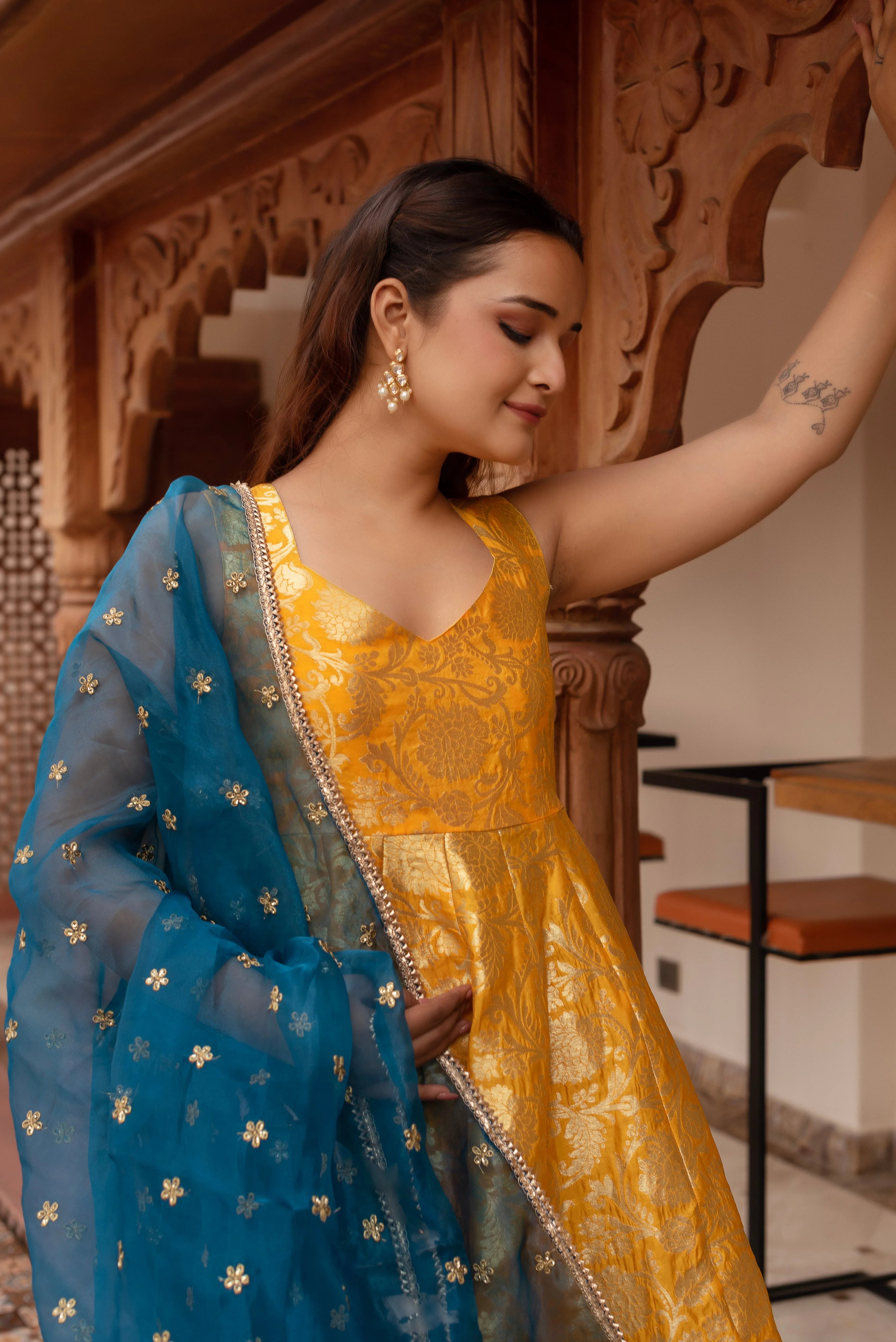 Yellow Jacquard Gotapatti Organza Anarkali Suit Set - LabelTrpika | Premium Womens Wear